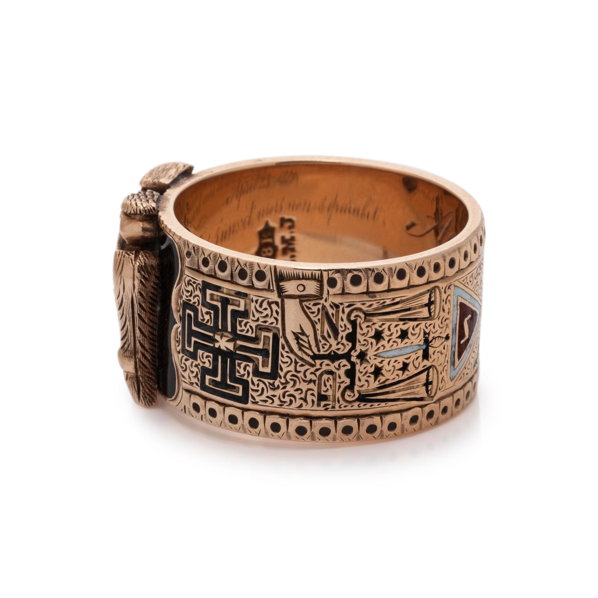 VICTORIAN, ROSE GOLD AND POLYCHROME ENAMEL MASONIC RING
