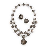 Colored Diamond and Diamond Flower Necklace and Earrings Set