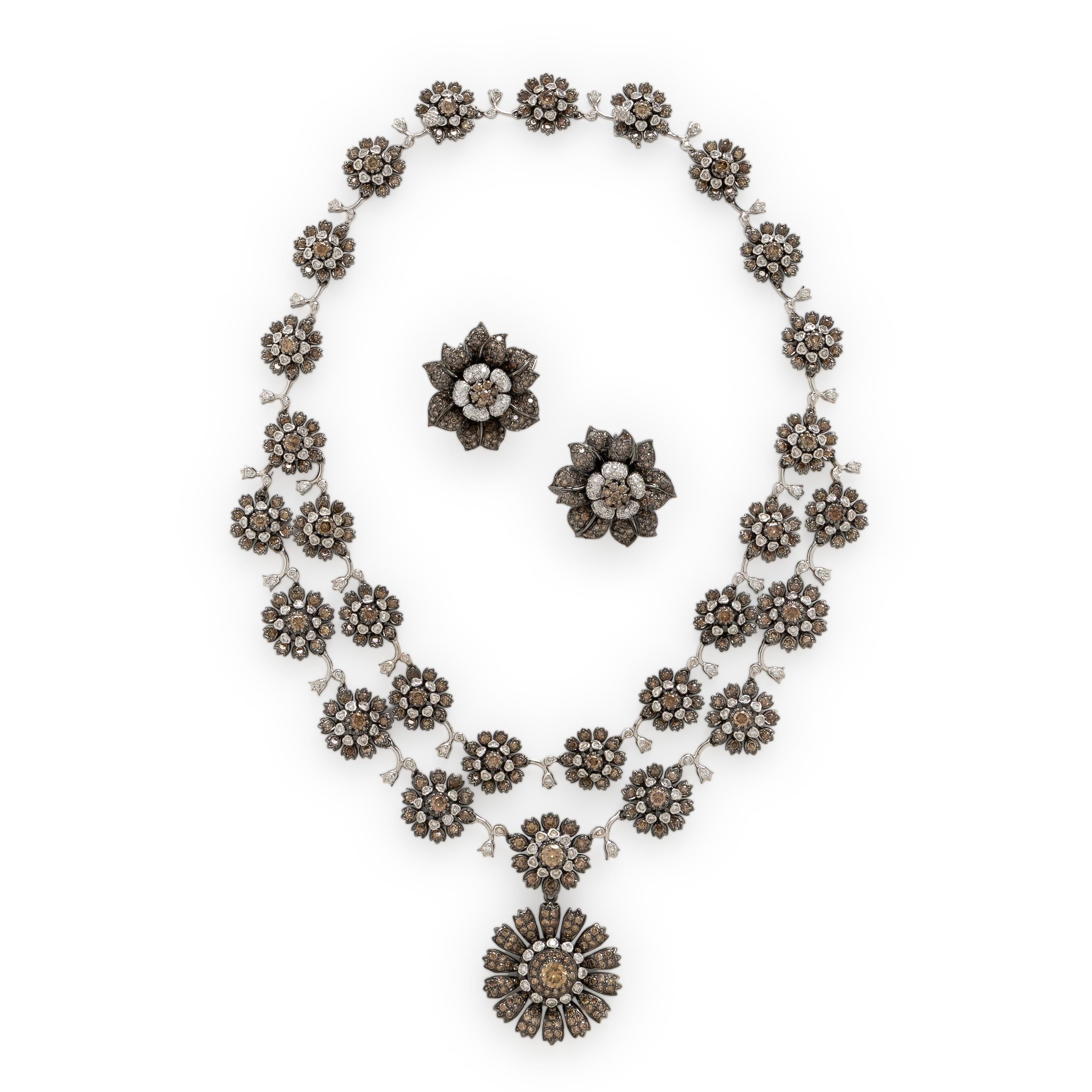 Colored Diamond and Diamond Flower Necklace and Earrings Set