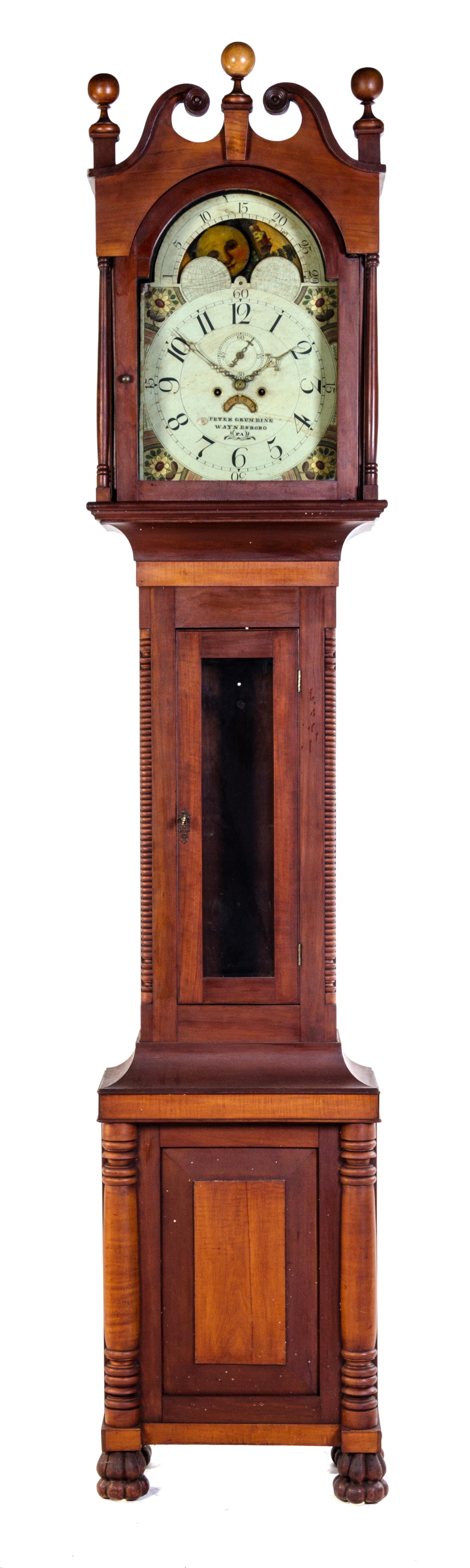 An American Maple Tall Case Clock Height 97 inches. — PETER GRUMBINE, WAYNESBORO, PA