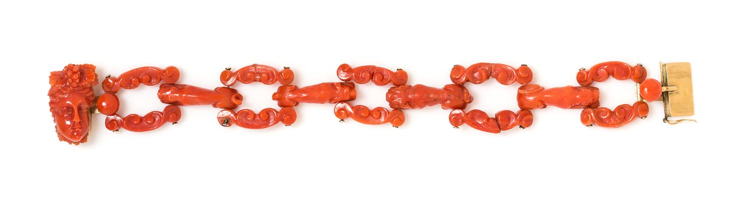A Victorian 18 Karat Yellow Gold and Coral Bracelet, 19.20 dwts.