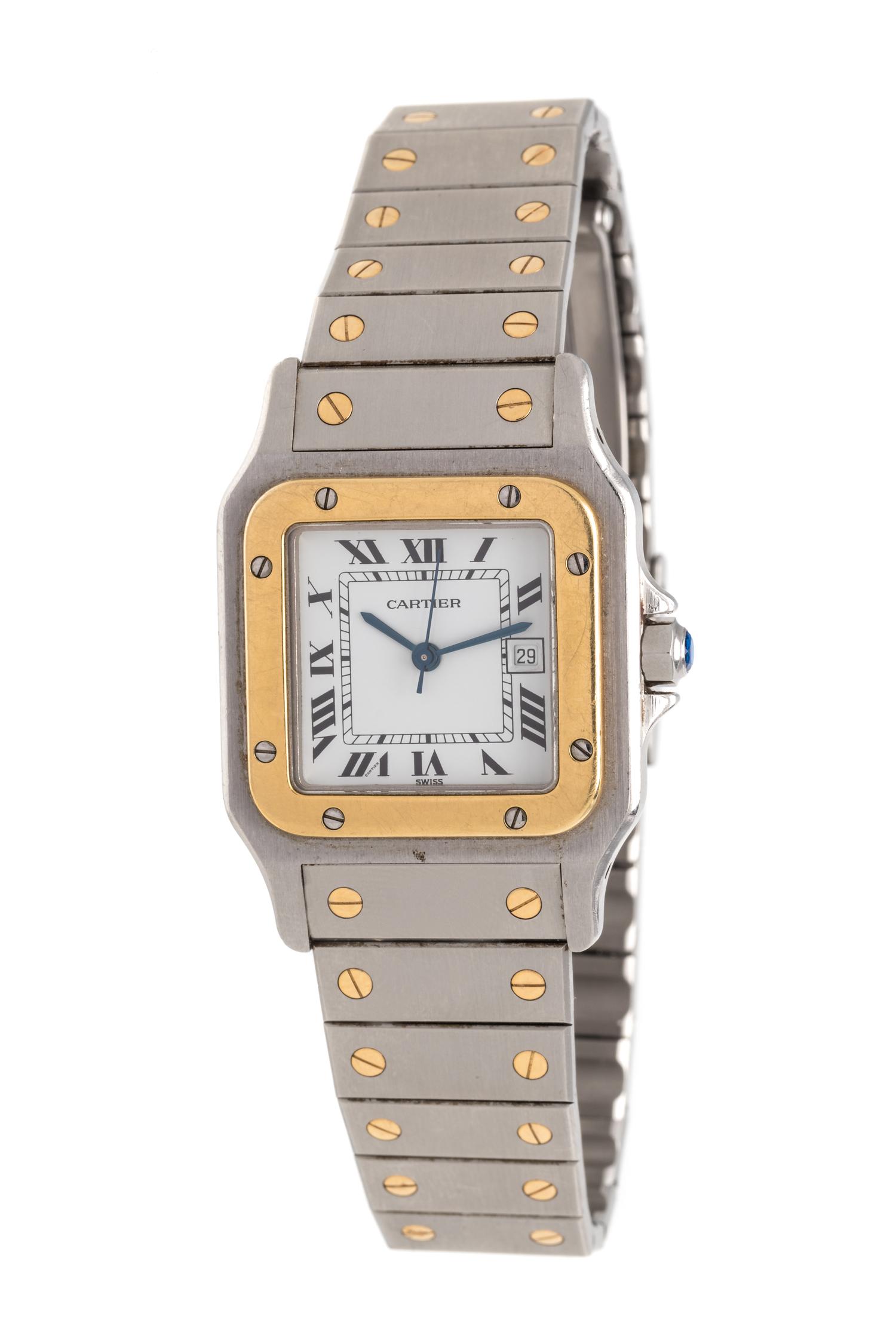 CARTIER, STAINLESS STEEL AND 18K YELLOW GOLD 'SANTOS' WRISTWATCH