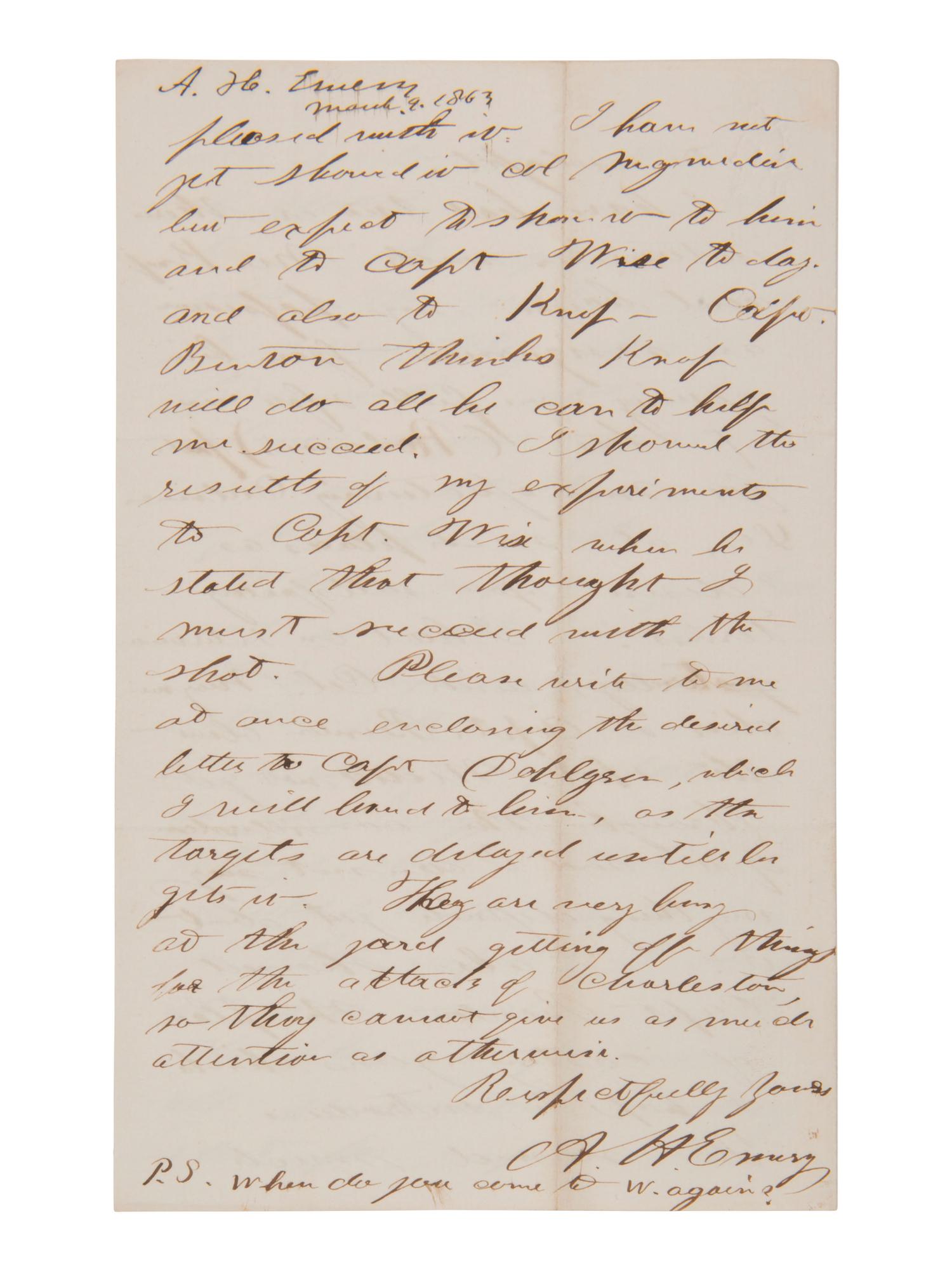 [CIVIL WAR]. Letter from engineer A. H. EMERY to James T. AMES about weapon testing and production.