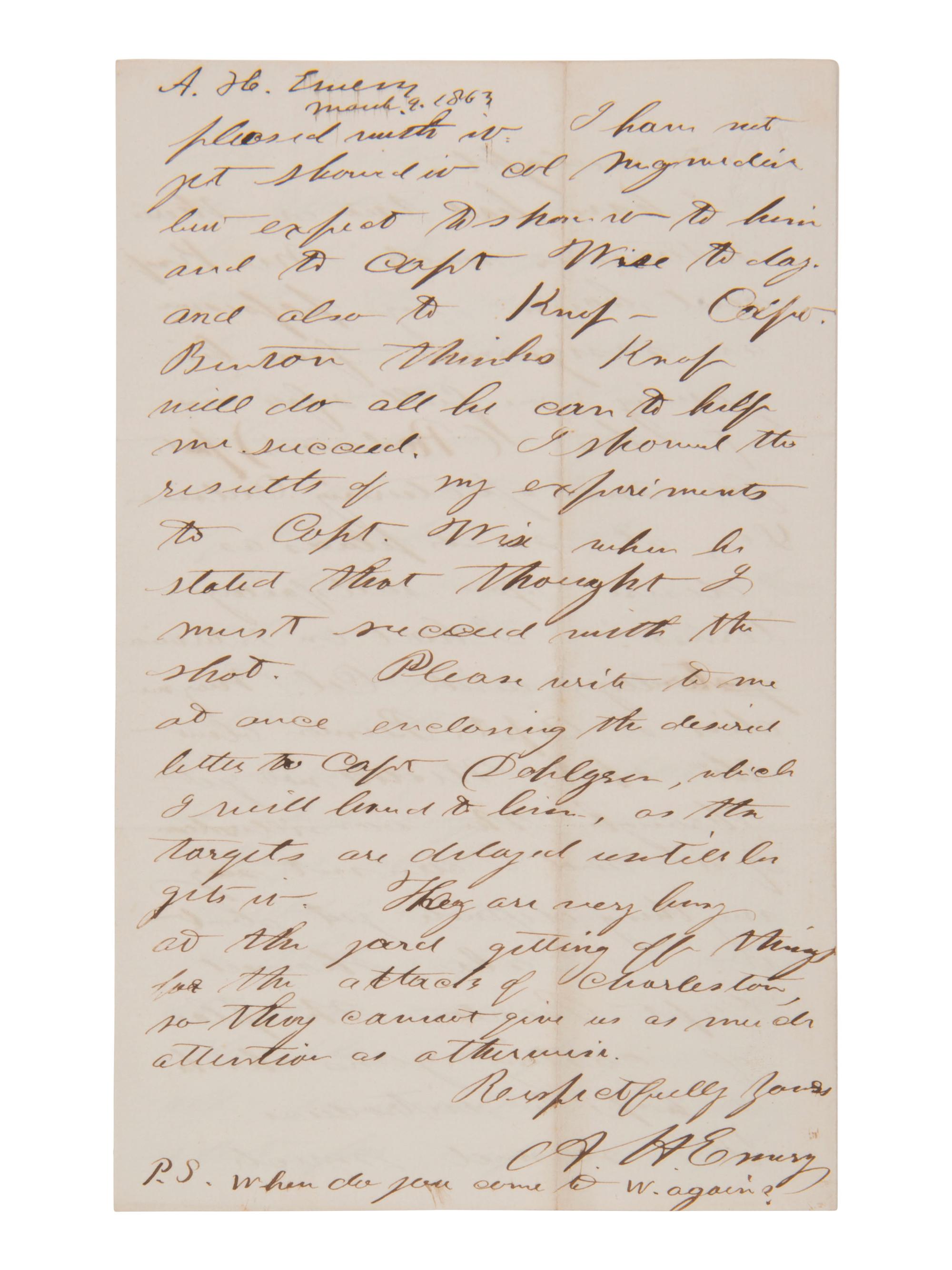 [CIVIL WAR]. Letter from engineer A. H. EMERY to James T. AMES about weapon testing and production.
