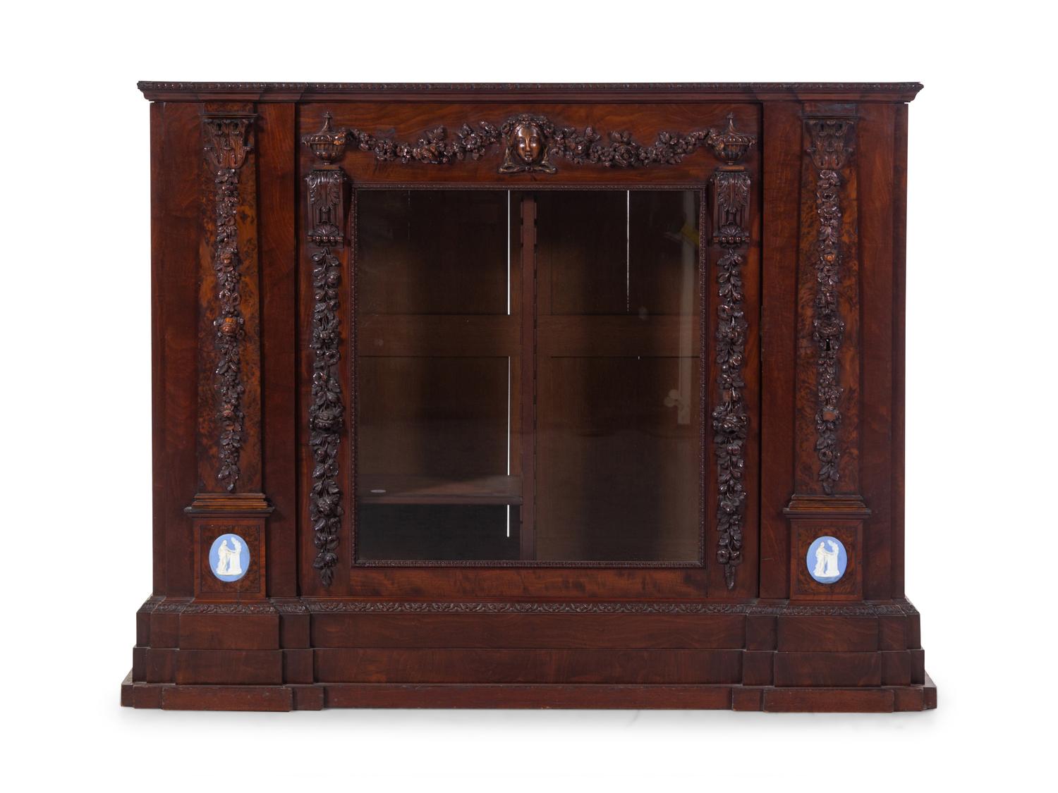An English Jasperware Mounted Carved Burlwood Cabinet