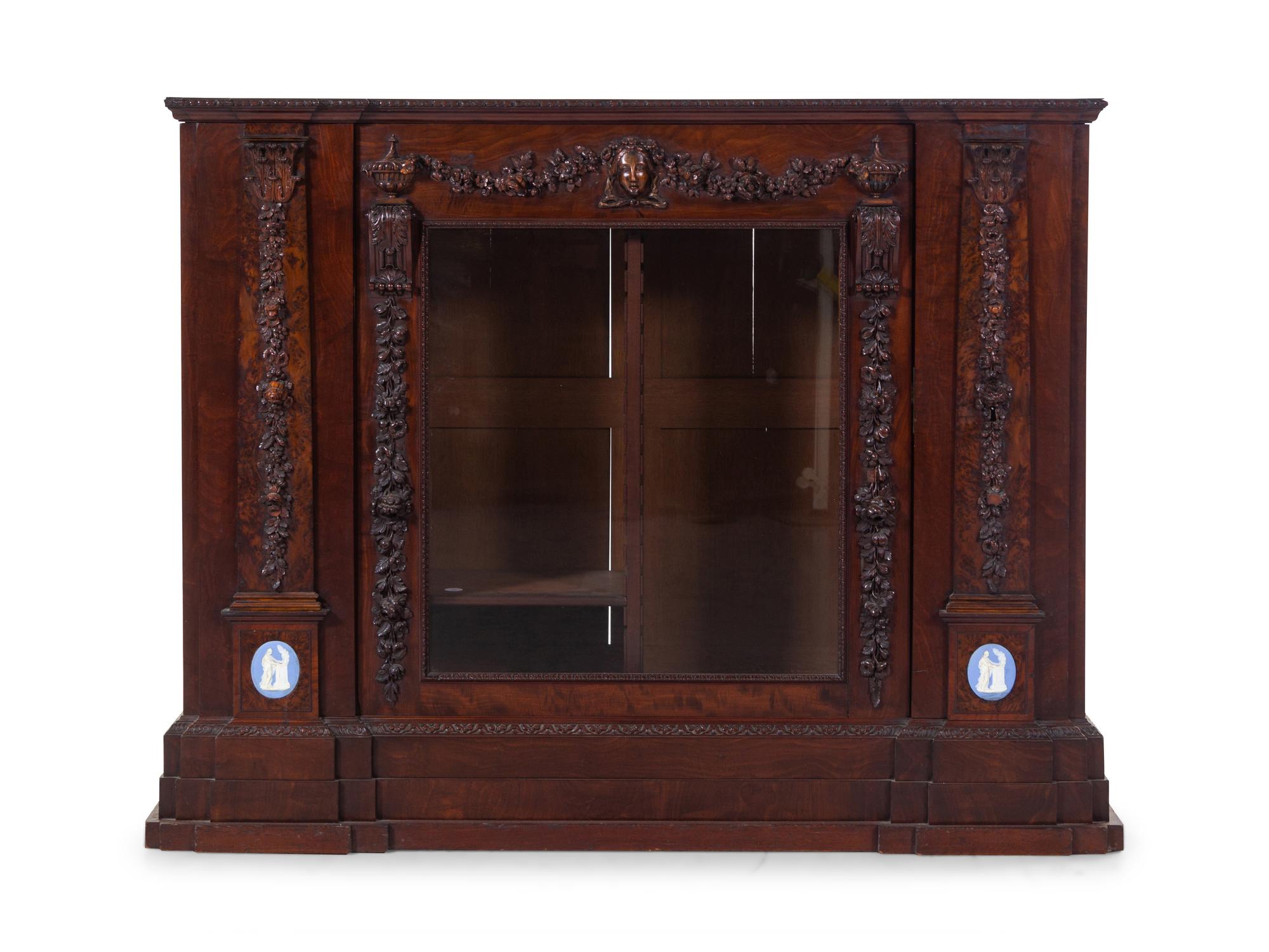 An English Jasperware Mounted Carved Burlwood Cabinet
