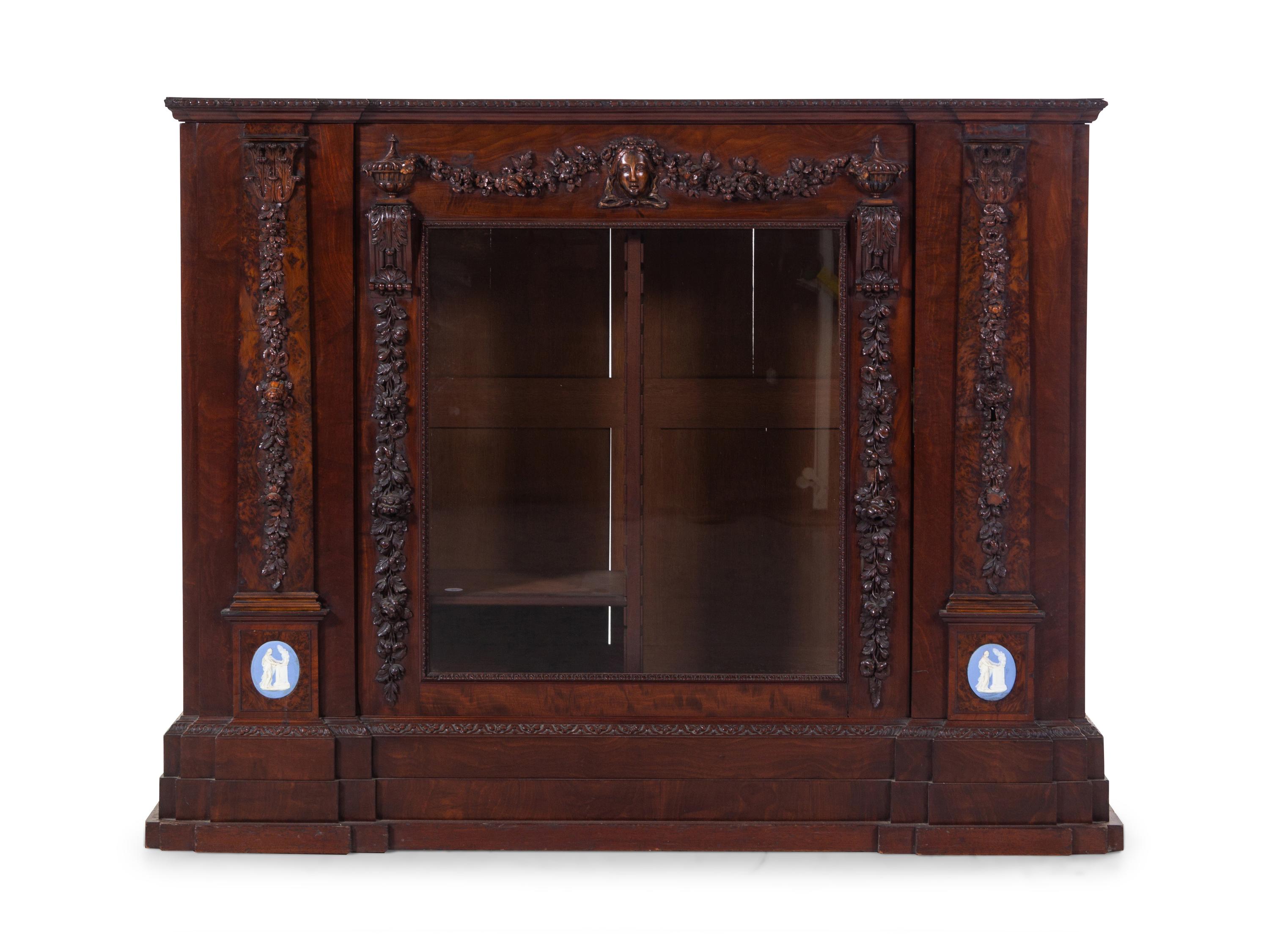 An English Jasperware Mounted Carved Burlwood Cabinet