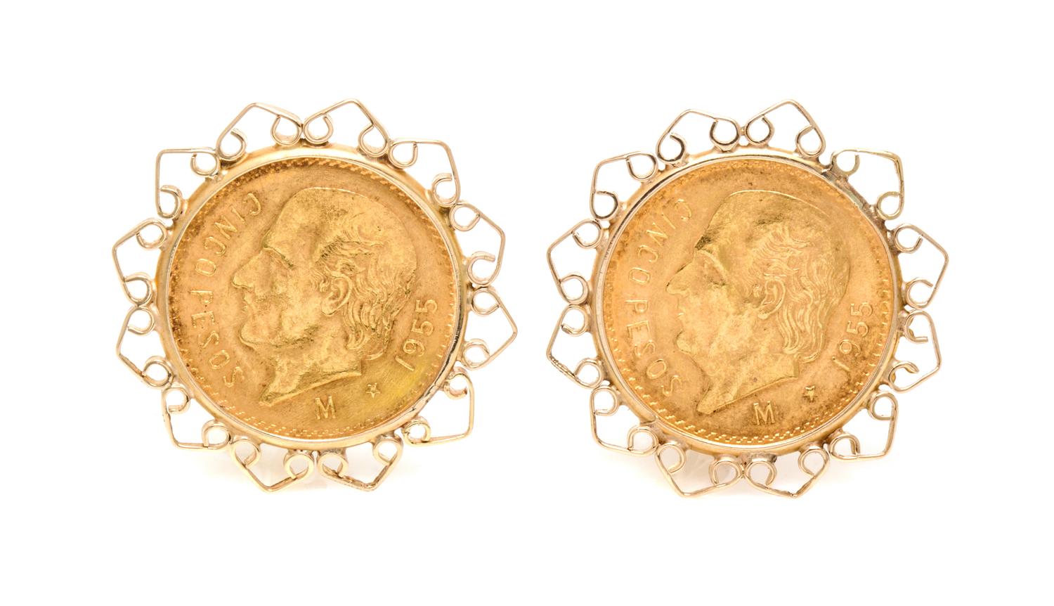 A Pair of 14 Karat Yellow Gold and Mexican Gold Coin Earclips, 8.10 dwts.