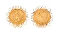 A Pair of 14 Karat Yellow Gold and Mexican Gold Coin Earclips, 8.10 dwts.