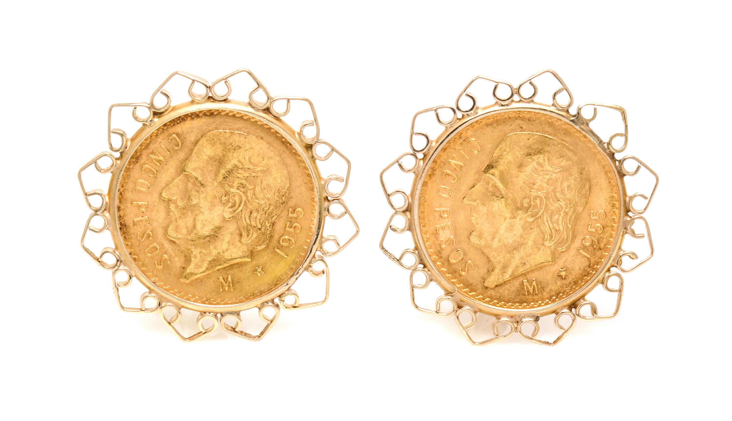 A Pair of 14 Karat Yellow Gold and Mexican Gold Coin Earclips, 8.10 dwts.