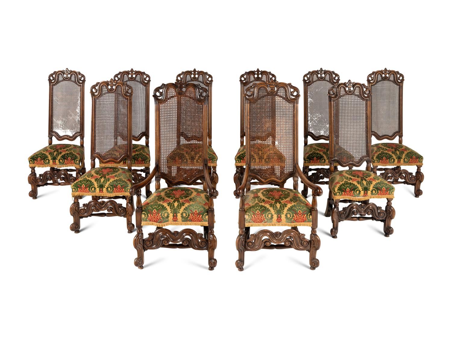 A Set of Ten William and Mary Style Caned and Carved Beechwood Dining Chairs