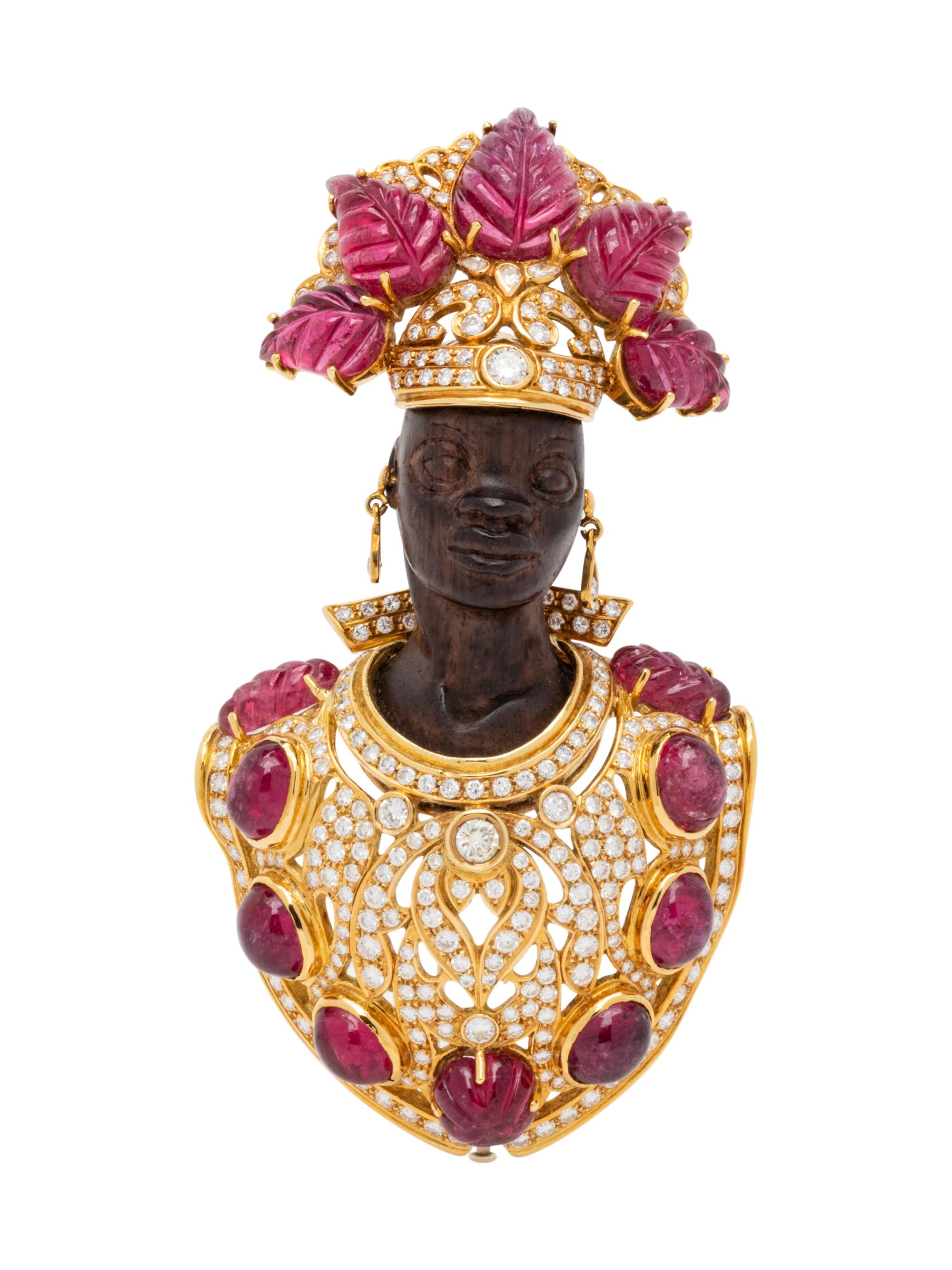 Tourmaline, Diamond and Wood Moretto Brooch