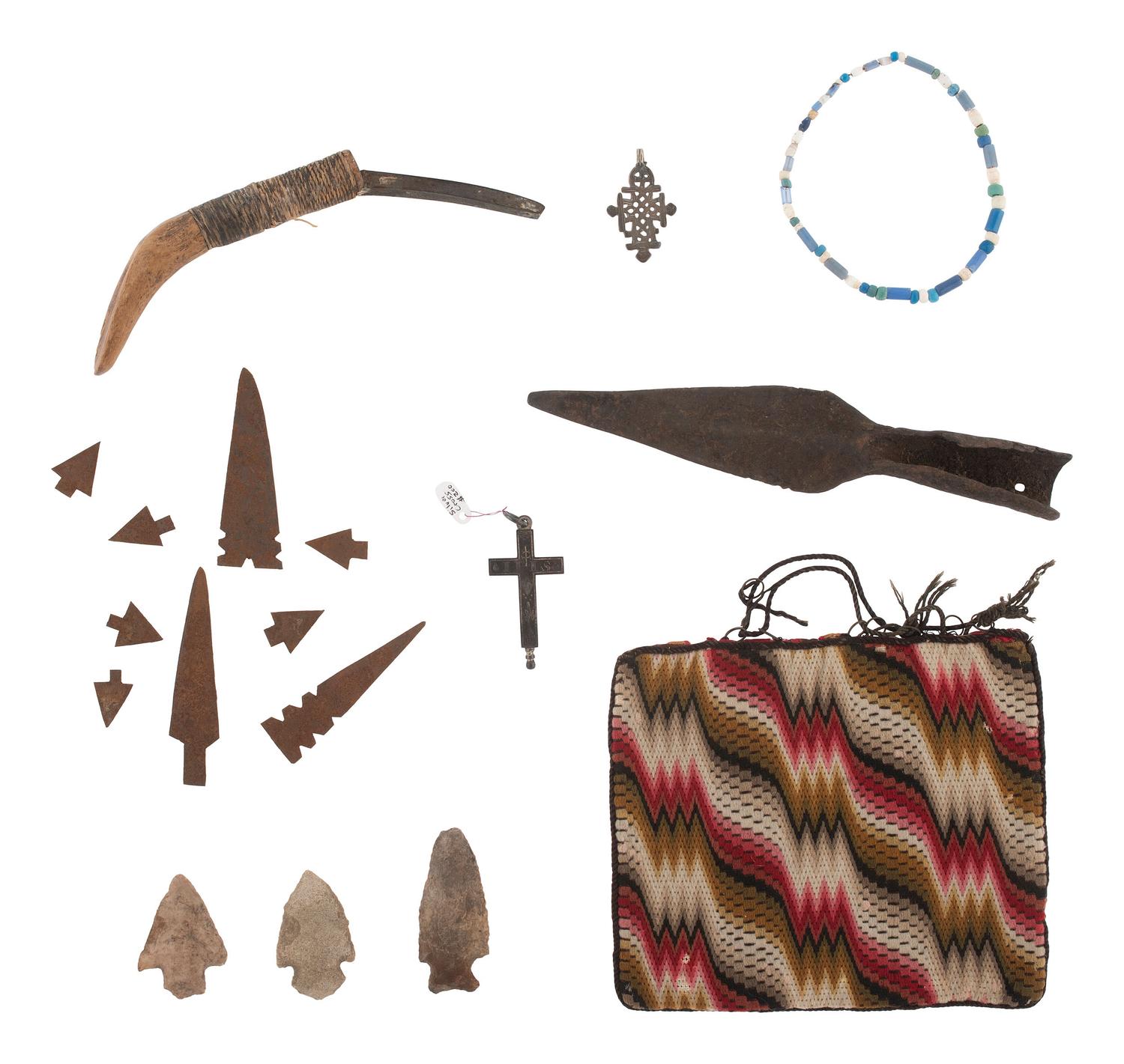 [RELICS]. A collection of curiosities, incl. beadwork and relics from the Estate of Carroll J. Delery III.