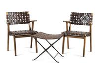A Pair of Contemporary Wood and Leather Chairs with a Similar Stool