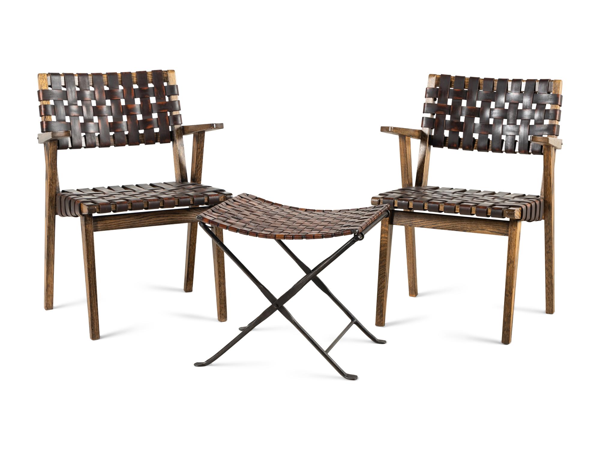 A Pair of Contemporary Wood and Leather Chairs with a Similar Stool