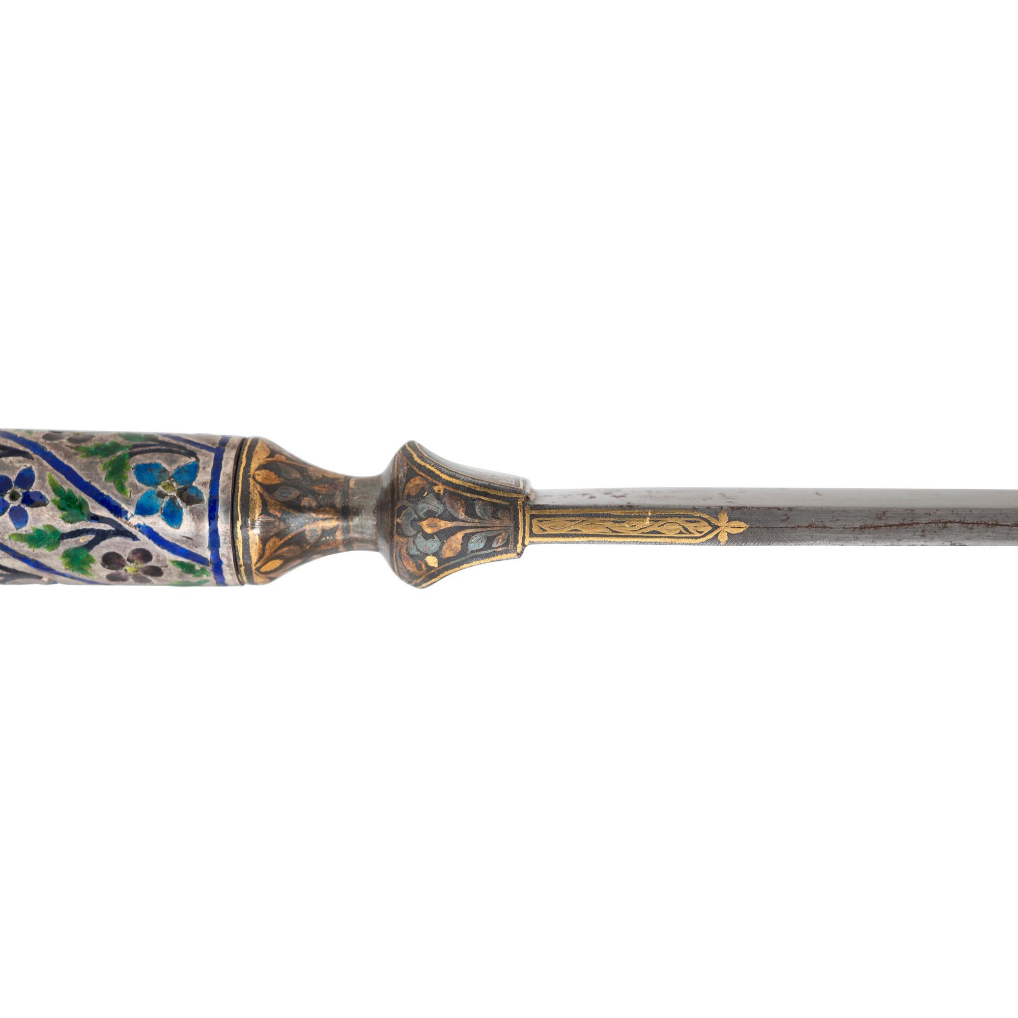 19th Century Indo-Persian Kard Dagger with Enameled Hilt and Wootz Steel Blade