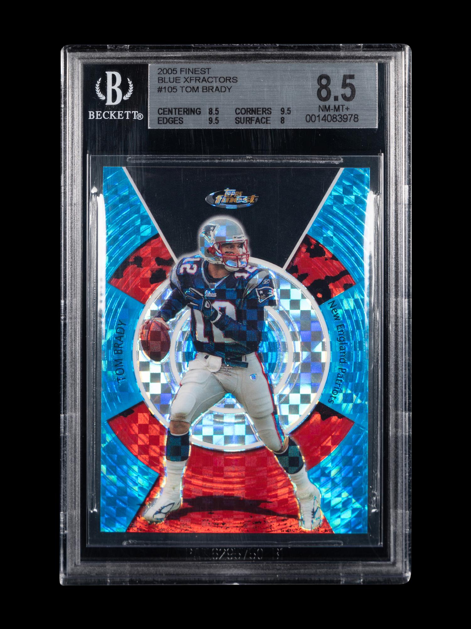 A 2005 Topps Finest Tom Brady Blue XFractors Football Card No. 105 (BGS 8.5 NM-MT+)