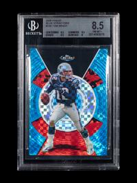 A 2005 Topps Finest Tom Brady Blue XFractors Football Card No. 105 (BGS 8.5 NM-MT+)