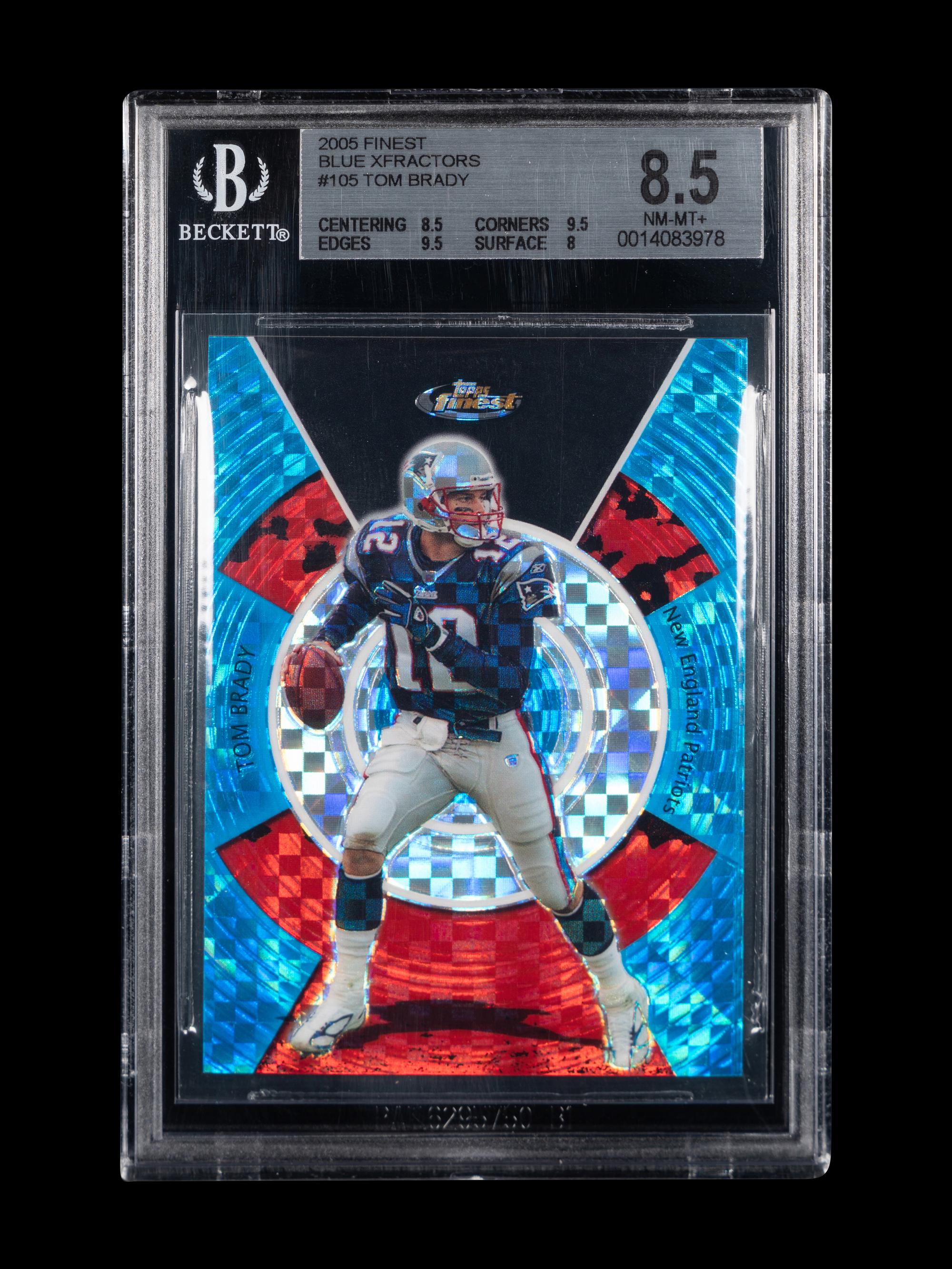 A 2005 Topps Finest Tom Brady Blue XFractors Football Card No. 105 (BGS 8.5 NM-MT+)