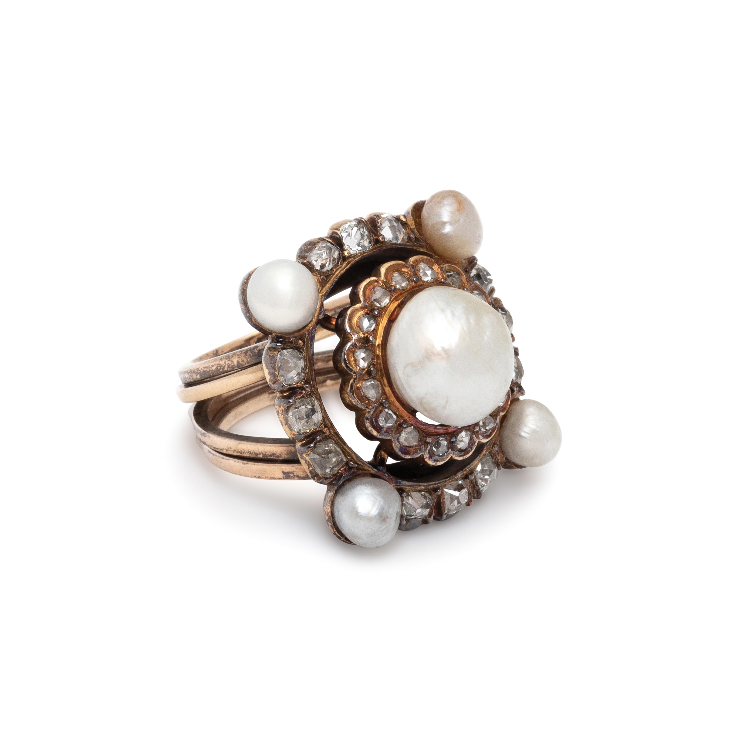 ANTIQUE, NATURAL PEARL AND DIAMOND RING