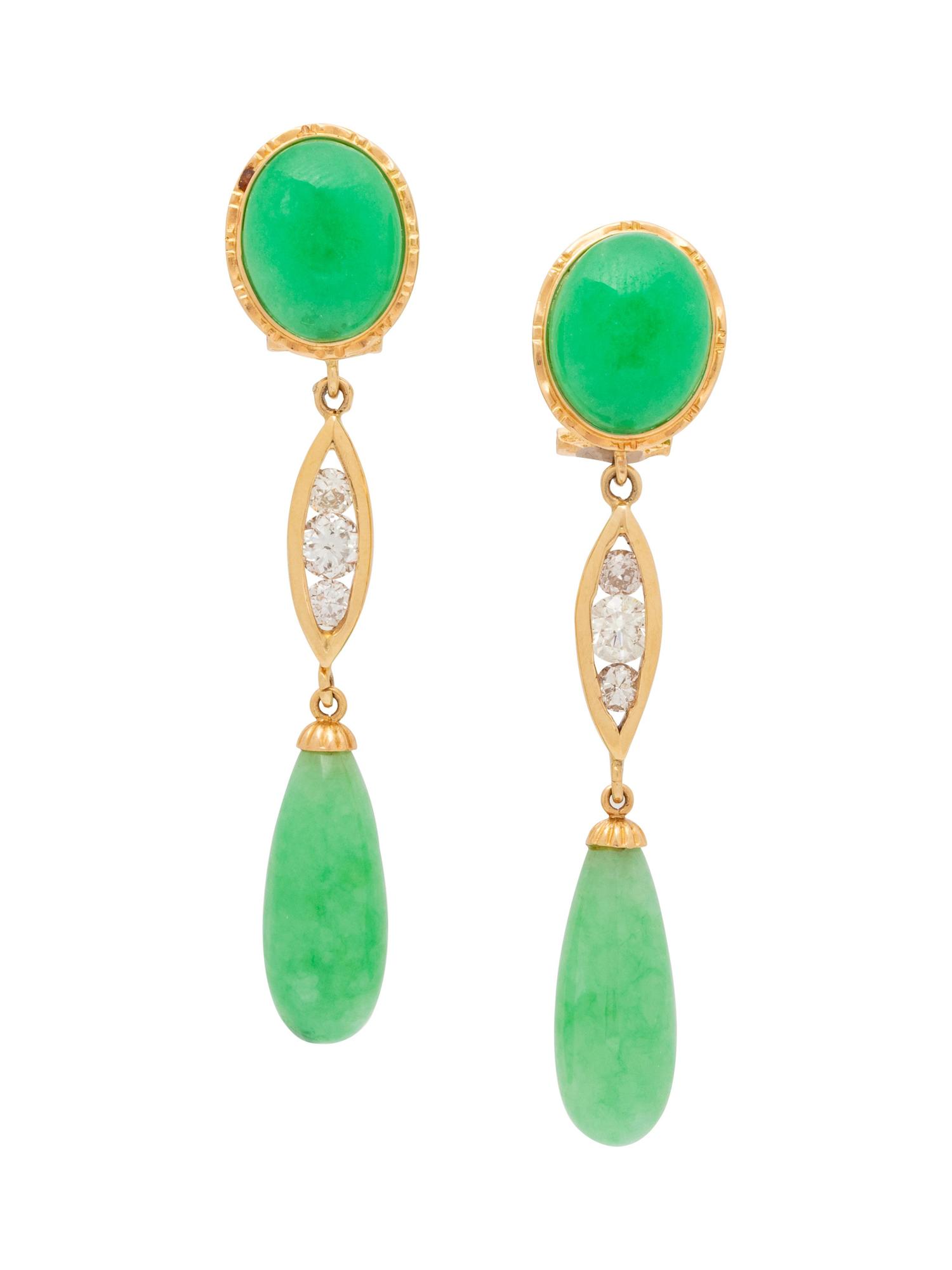 A Pair of 14 Karat Yellow Gold, Jade and Diamond Earclips,