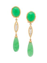 A Pair of 14 Karat Yellow Gold, Jade and Diamond Earclips,
