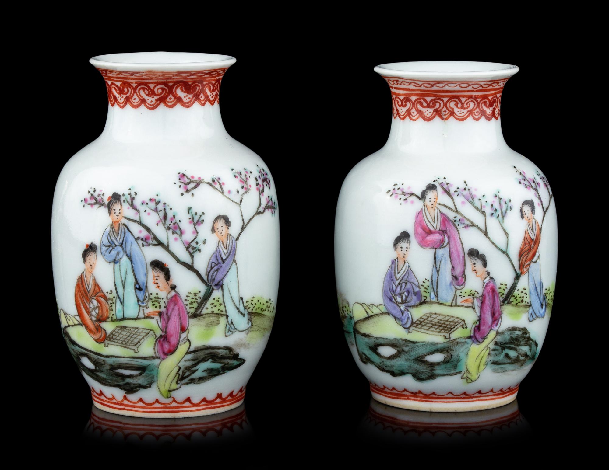 A Pair of Chinese Famille Rose Porcelain Baluster Vases