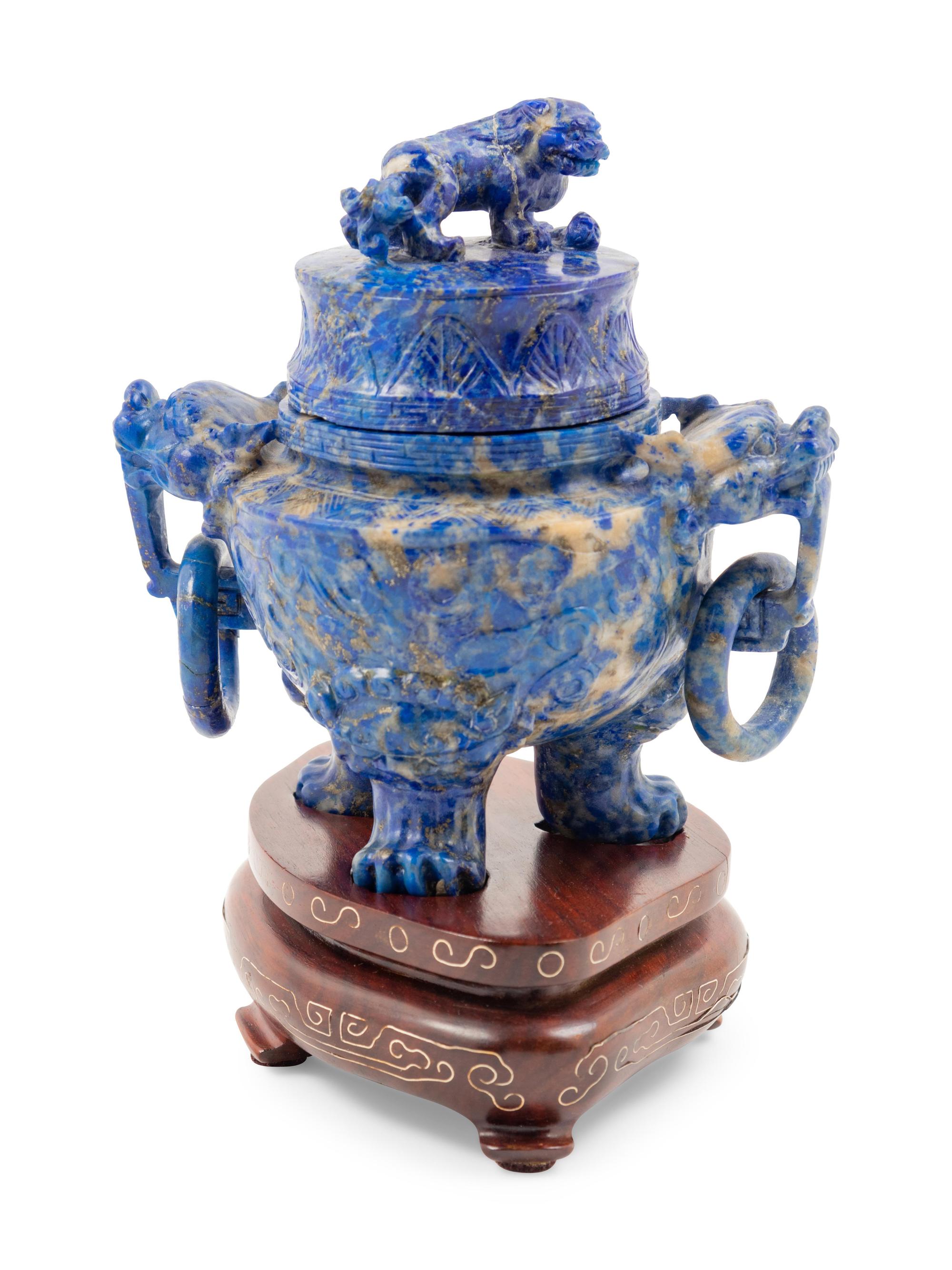 A Chinese Lapiz Lazuli Tripod Incense Burner