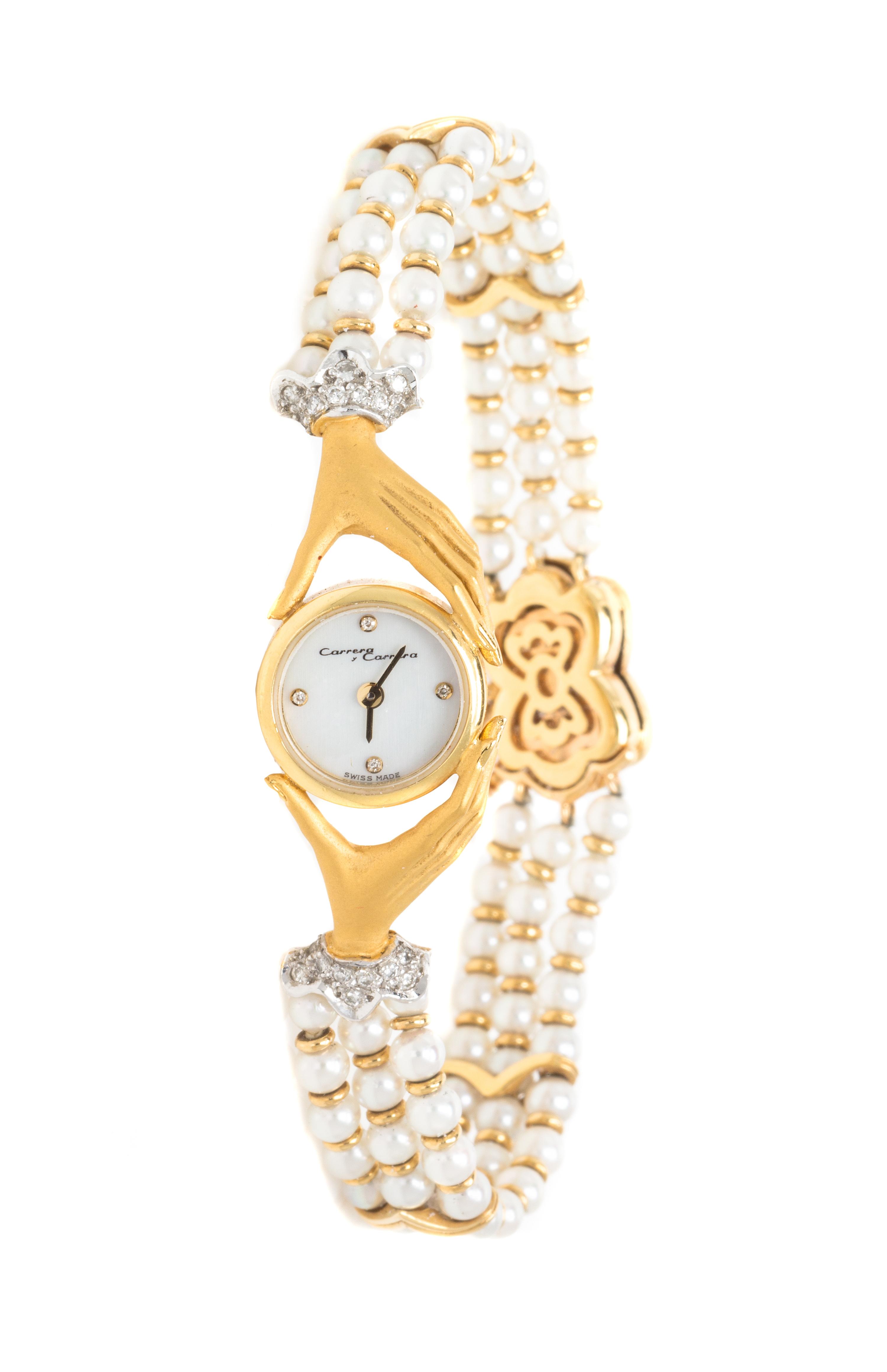 An 18 Karat Yellow Gold, Cultured Pearl and Diamond Bracelet Watch, Carrera y Carrera, 14.30 dwts.
