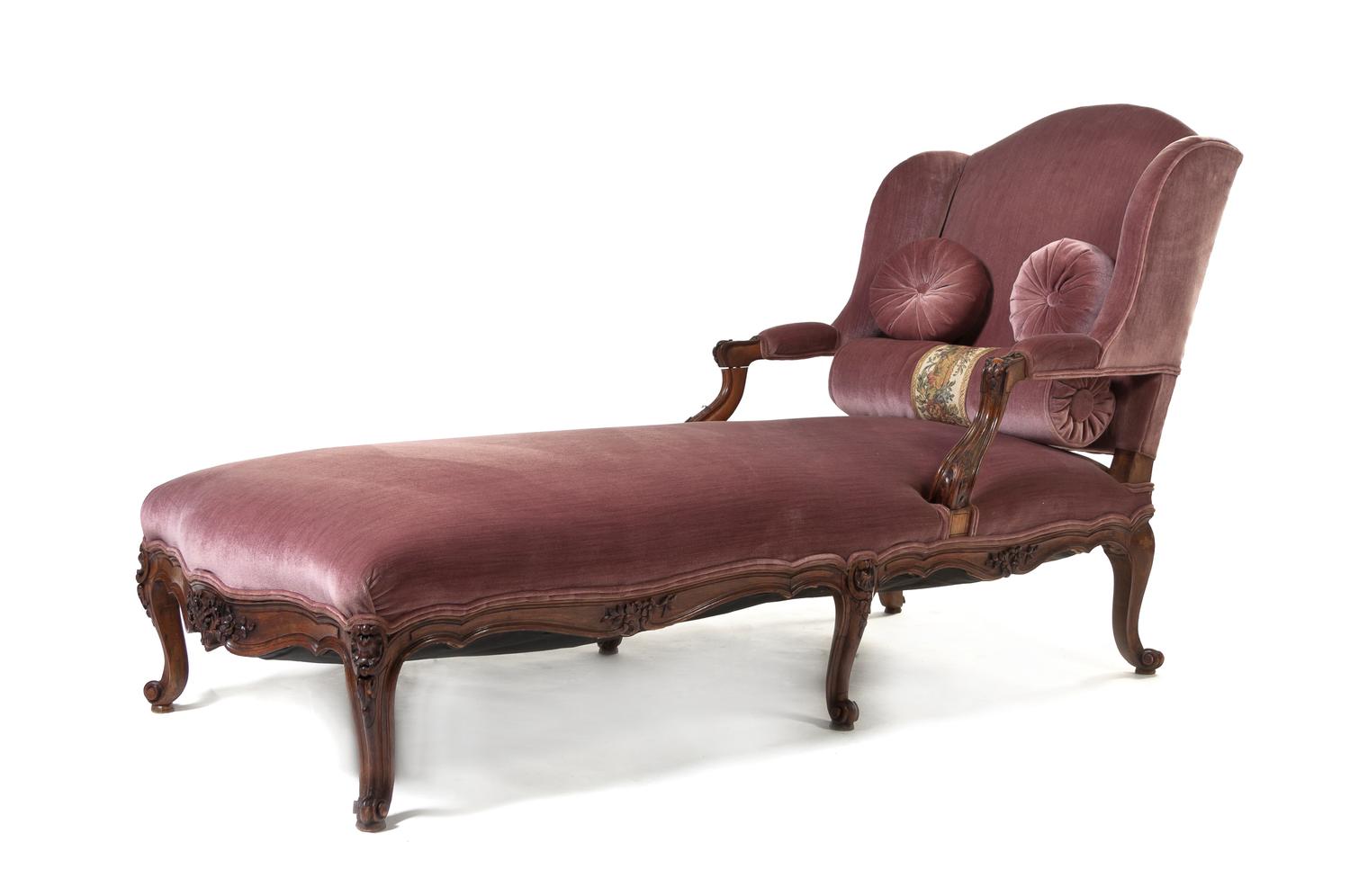 A Louis XV Style Walnut Chaise Longue, Height 39 1/2 x length 75 x width 27 1/2 inches.