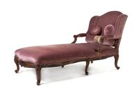 A Louis XV Style Walnut Chaise Longue, Height 39 1/2 x length 75 x width 27 1/2 inches.