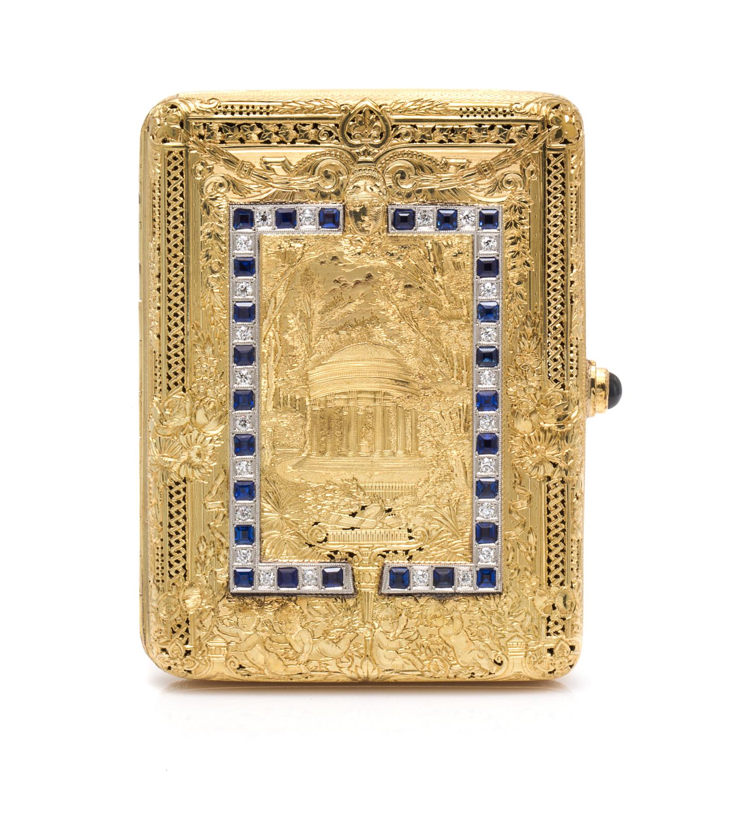An 18 Karat Yellow Gold, Platinum, Ruby, Diamond and Sapphire Compact, 102.90 dwts.