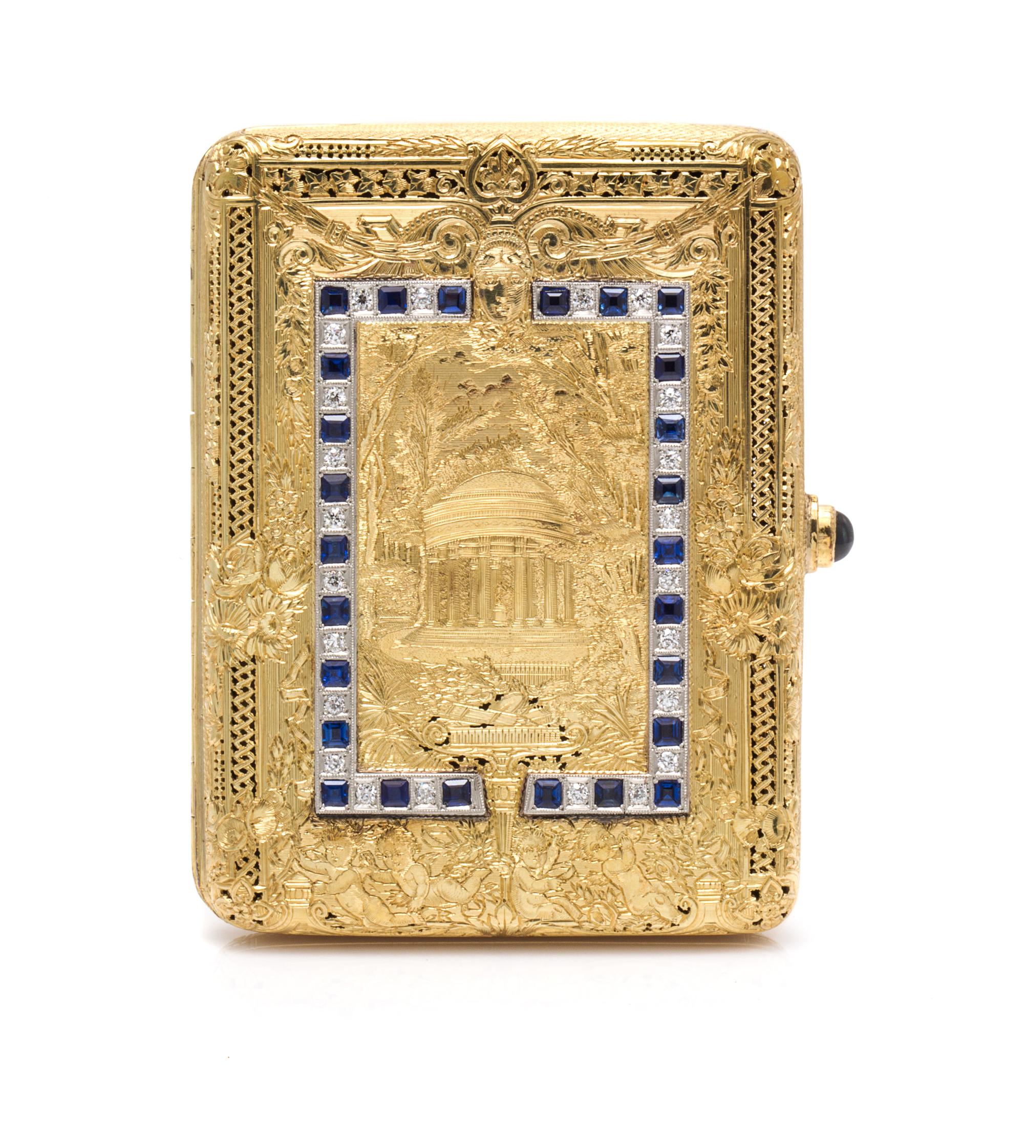 An 18 Karat Yellow Gold, Platinum, Ruby, Diamond and Sapphire Compact, 102.90 dwts.