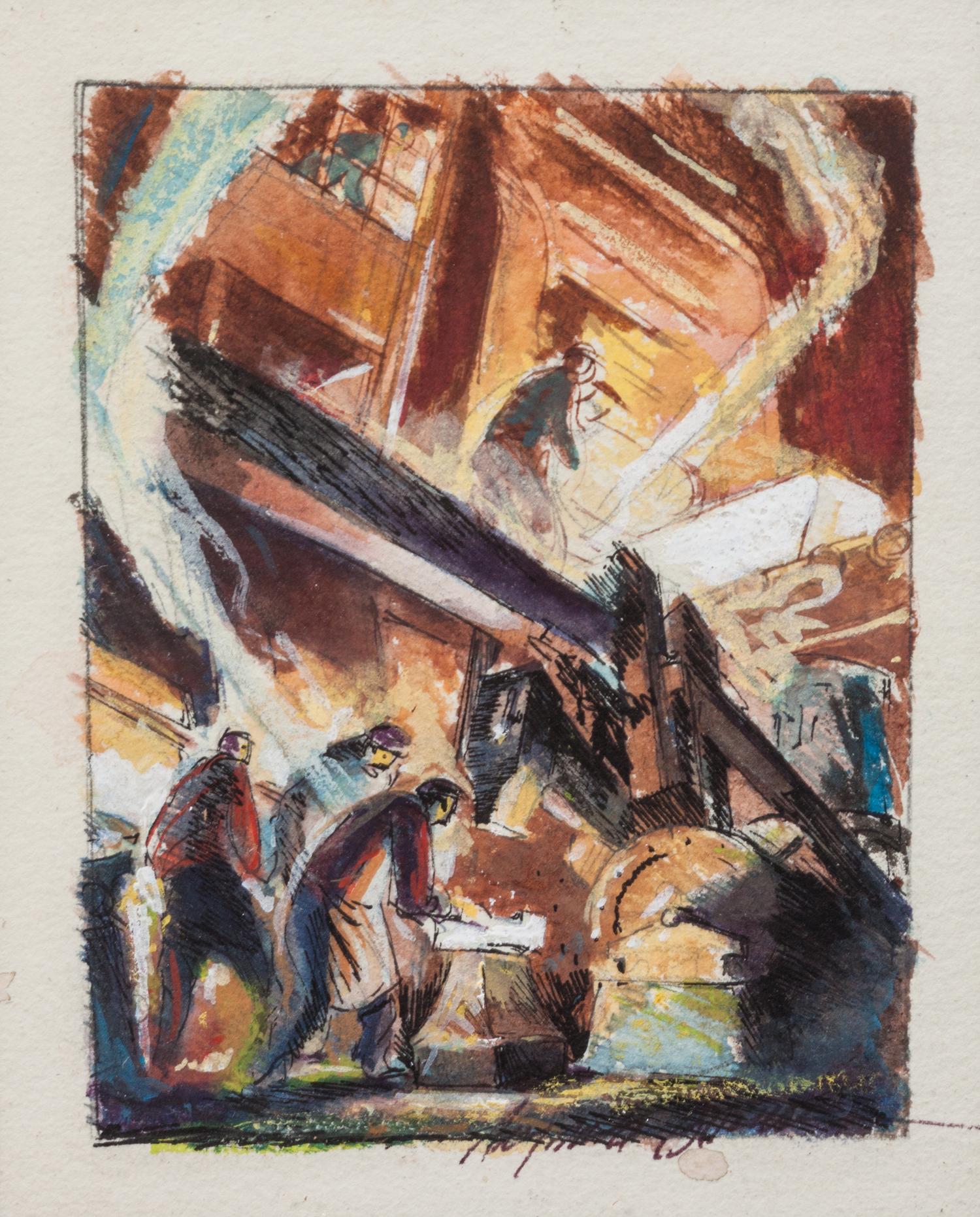 Reynold Brown, (American, 1917-1991), Two works: Steelworkers #1 and Steelworkers #2