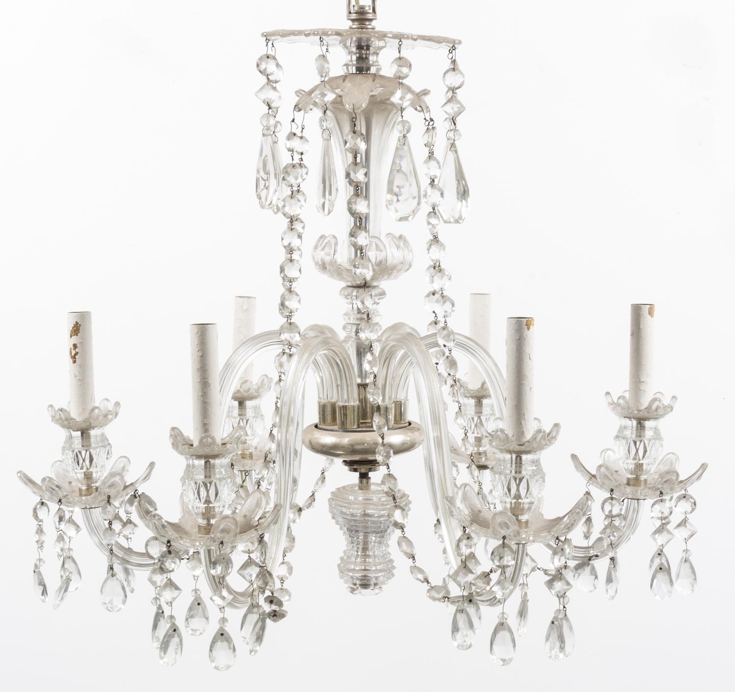 A Georgian Style Glass Six-Light Chandelier Height 21 x diameter 25 inches.