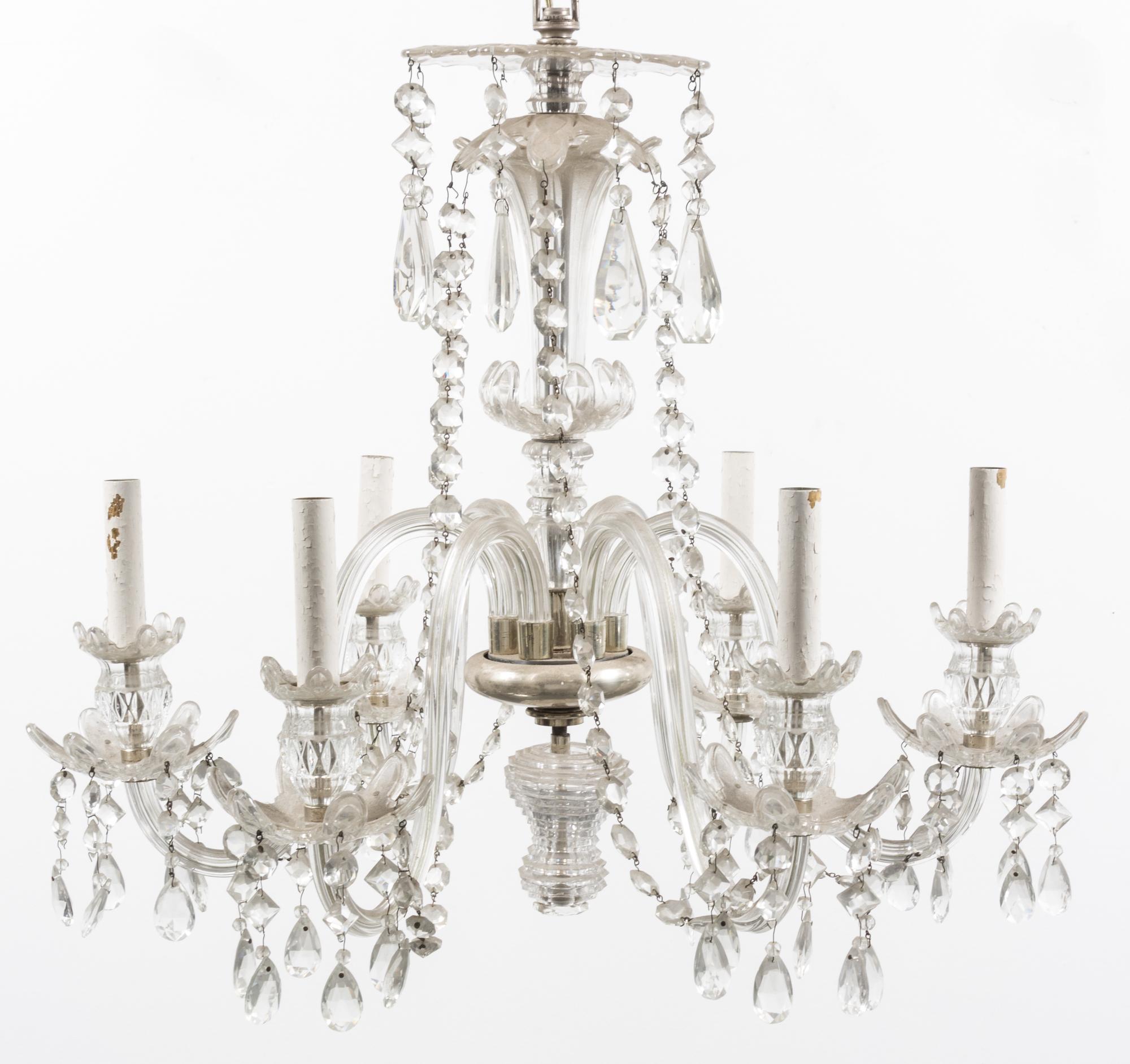 A Georgian Style Glass Six-Light Chandelier Height 21 x diameter 25 inches.