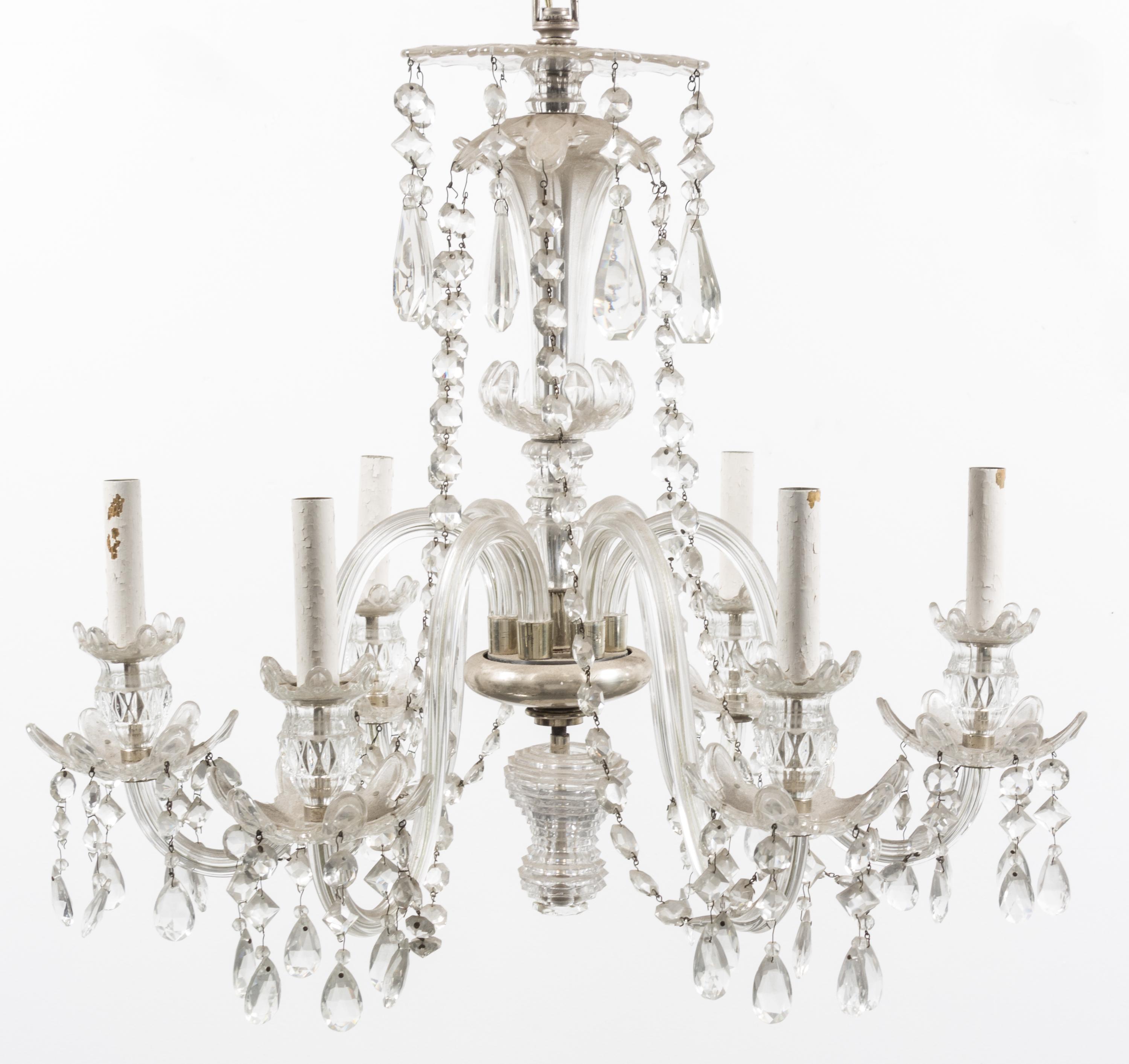 A Georgian Style Glass Six-Light Chandelier Height 21 x diameter 25 inches.