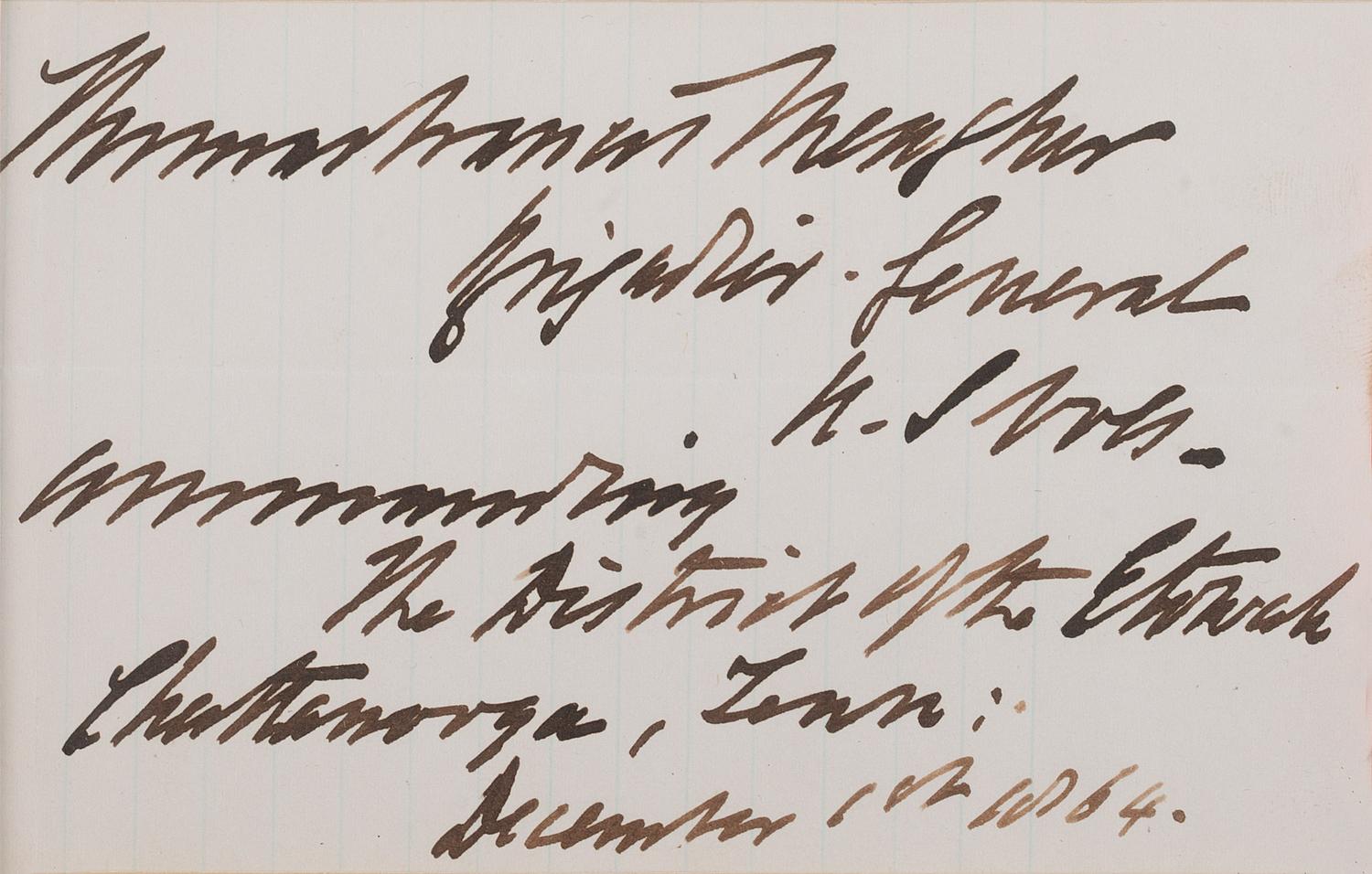 [CIVIL WAR]. MEAGHER, Thomas Francis (1823-1867). War-date autograph note signed ("Thomas Francis Meager"), as Brigadier General, US Volunteers, Commanding the District of the Etowah. Chattanooga, TN. 1 December 1864.