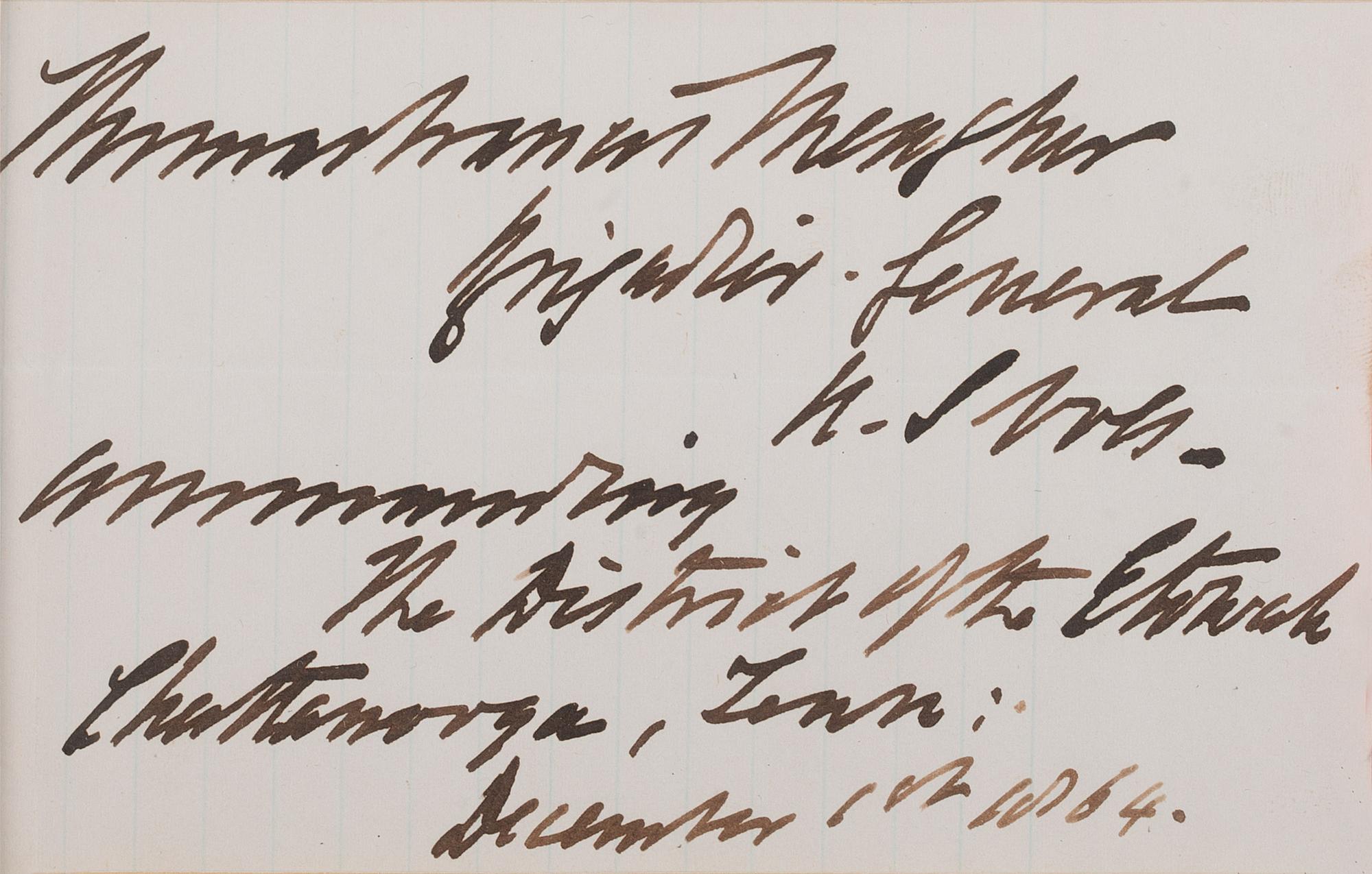 [CIVIL WAR]. MEAGHER, Thomas Francis (1823-1867). War-date autograph note signed ("Thomas Francis Meager"), as Brigadier General, US Volunteers, Commanding the District of the Etowah. Chattanooga, TN. 1 December 1864.
