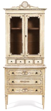 A Louis XVI Painted and Silvered Wood Breakfront Cabinet Height 75 x width 30 x depth 12 1/4 inches. — EARLY 19TH CENTURY