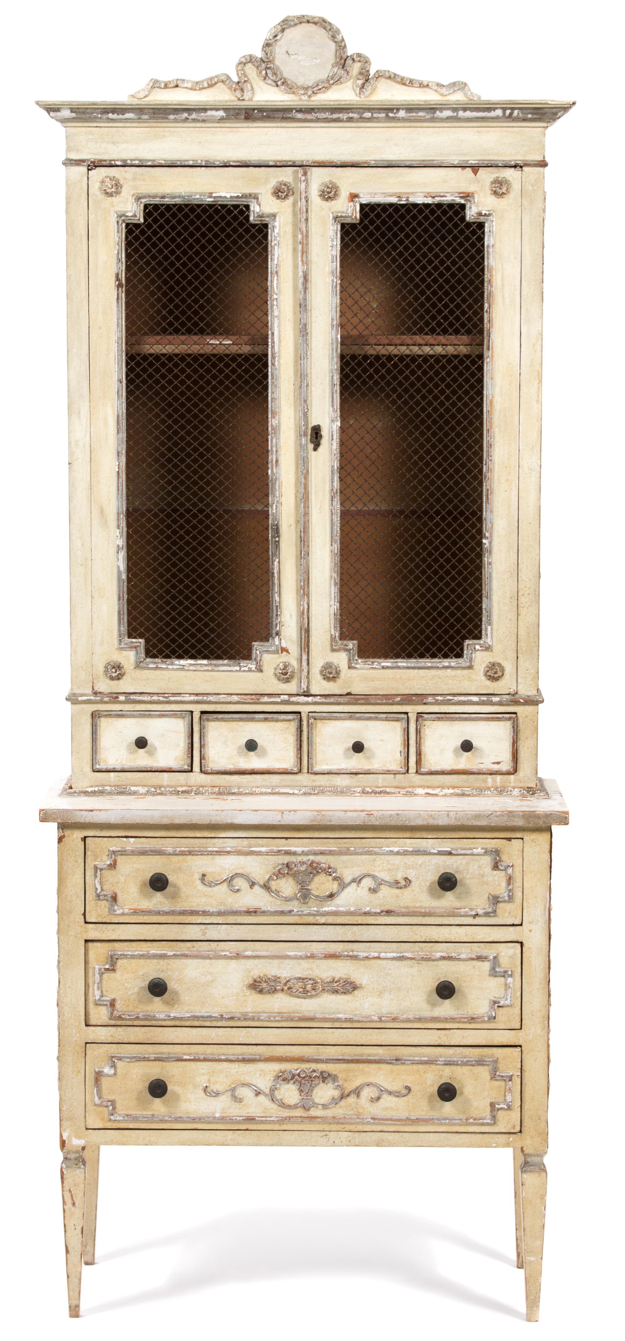 A Louis XVI Painted and Silvered Wood Breakfront Cabinet Height 75 x width 30 x depth 12 1/4 inches. — EARLY 19TH CENTURY
