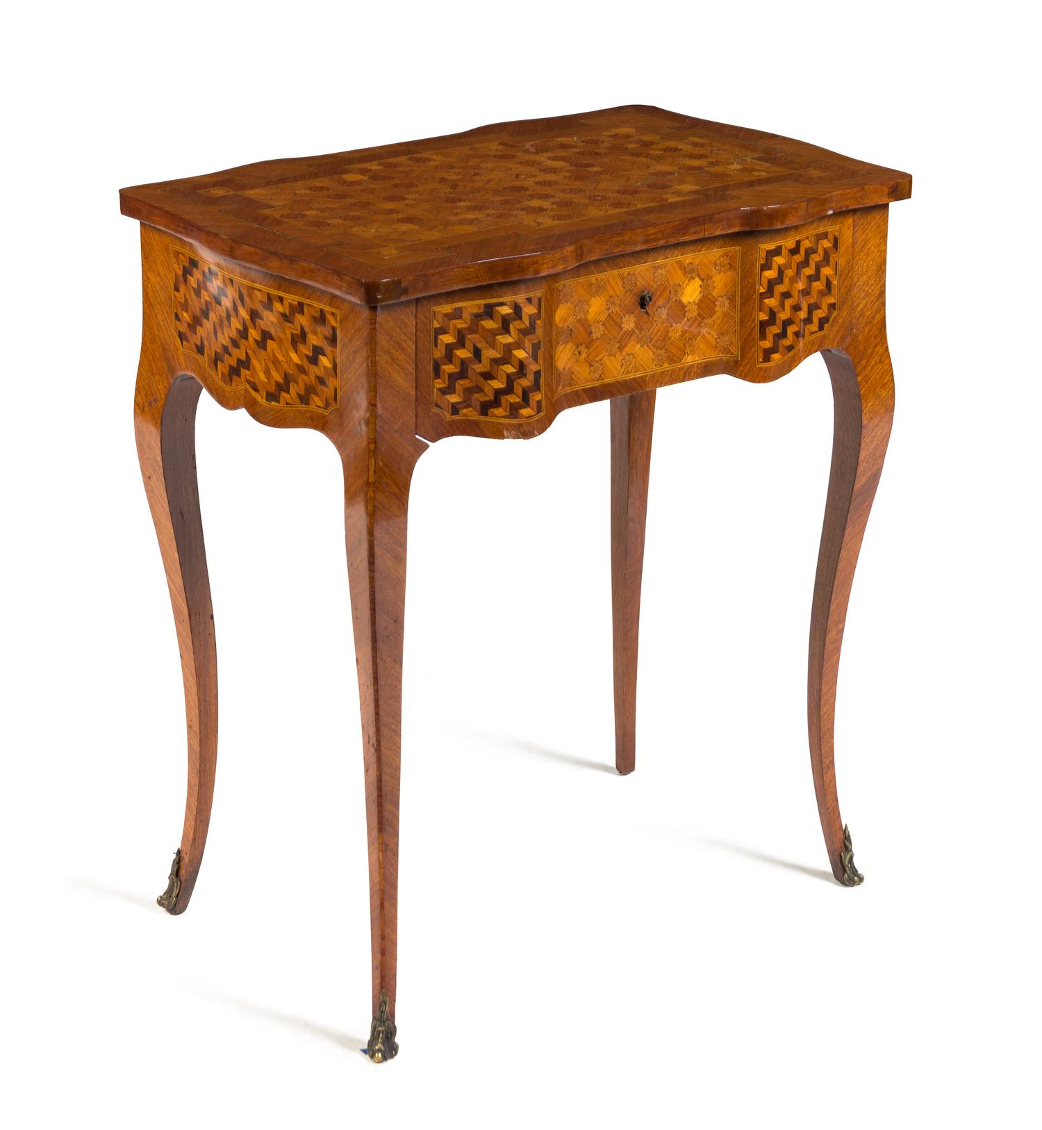 A Louis XV Style Parquetry Table a Ecrire Height 29 1/2 x width 27 1/4 x depth 17 1/2 inches. — ATTRIBUTED TO PAUL SORMANI, PARIS, LATE 19TH CENTURY