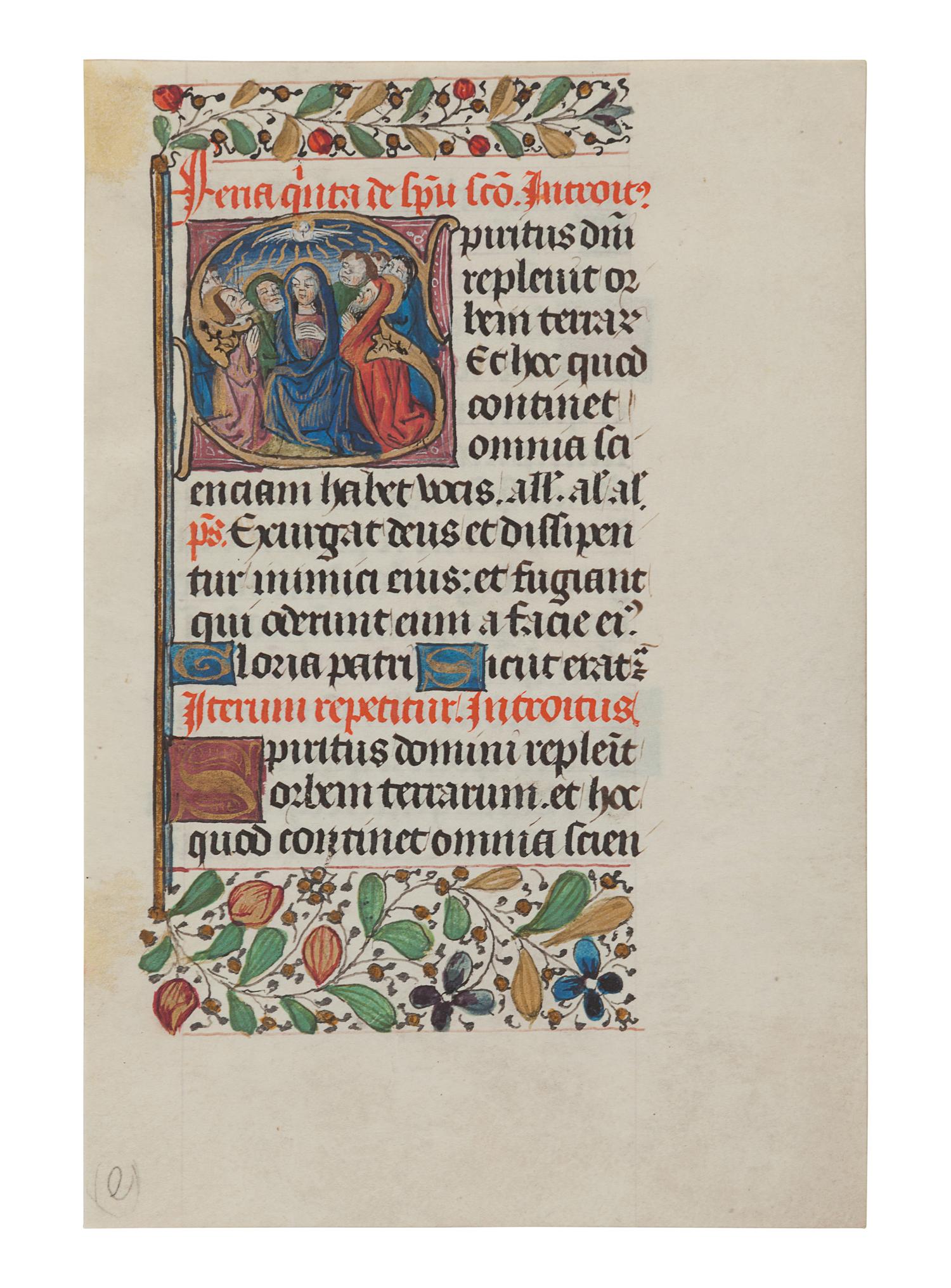 [ILLUMINATED MANUSCRIPTS]. Leaf from a Book of Hours with historiated initial “S” on recto depicting the Pentecost. [France, c.1450].