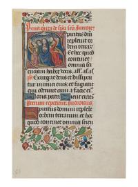 [ILLUMINATED MANUSCRIPTS]. Leaf from a Book of Hours with historiated initial “S” on recto depicting the Pentecost. [France, c.1450].