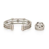 David Yurman, Sterling Silver and Diamond 'Confetti' Cable Cuff Bracelet and Ring