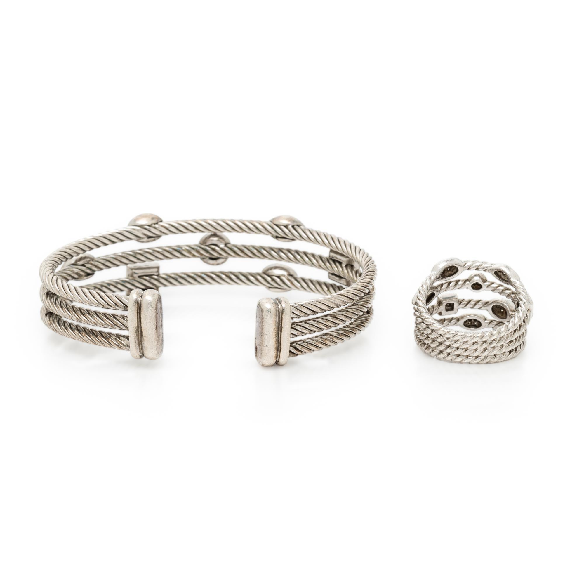 David Yurman, Sterling Silver and Diamond 'Confetti' Cable Cuff Bracelet and Ring