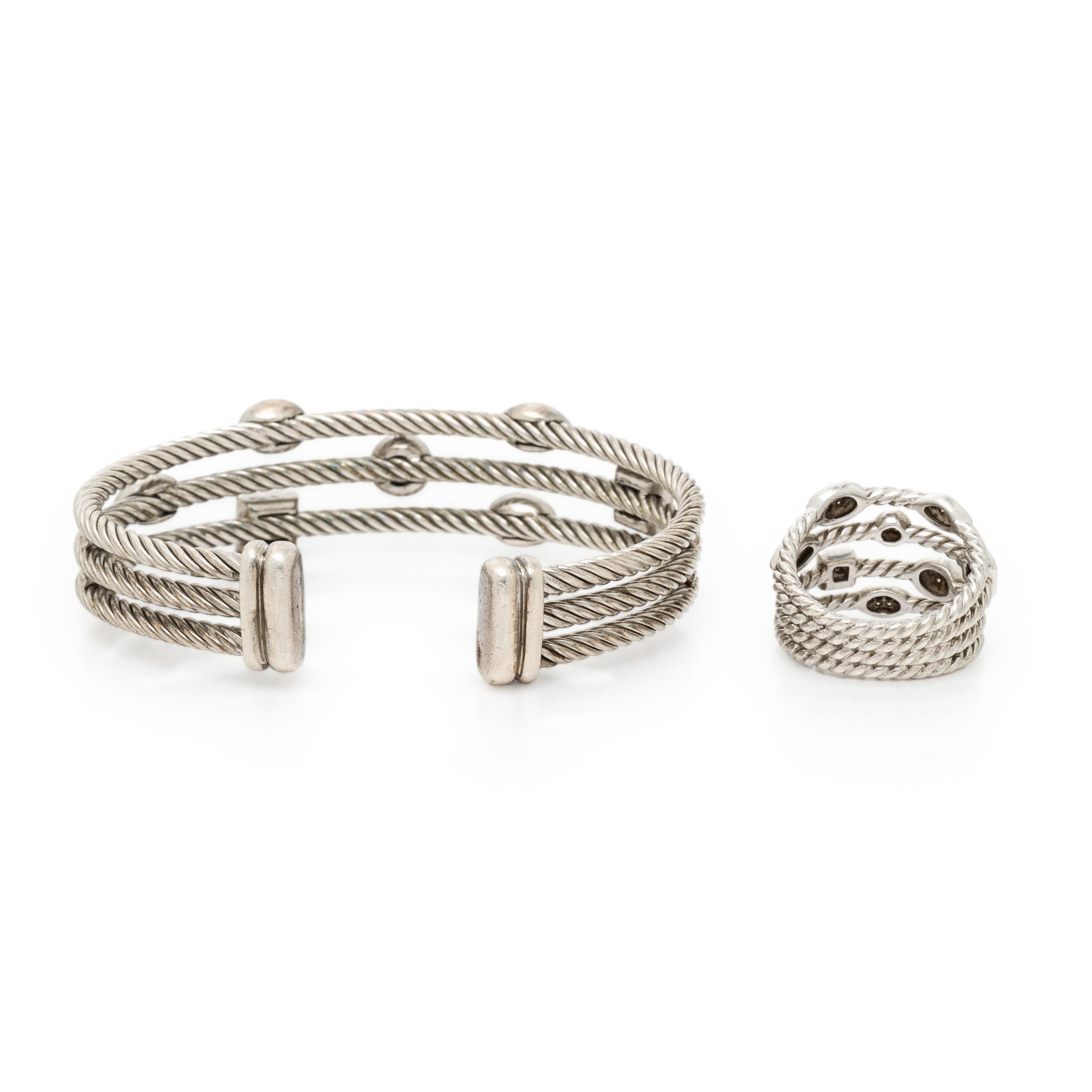 David Yurman, Sterling Silver and Diamond 'Confetti' Cable Cuff Bracelet and Ring
