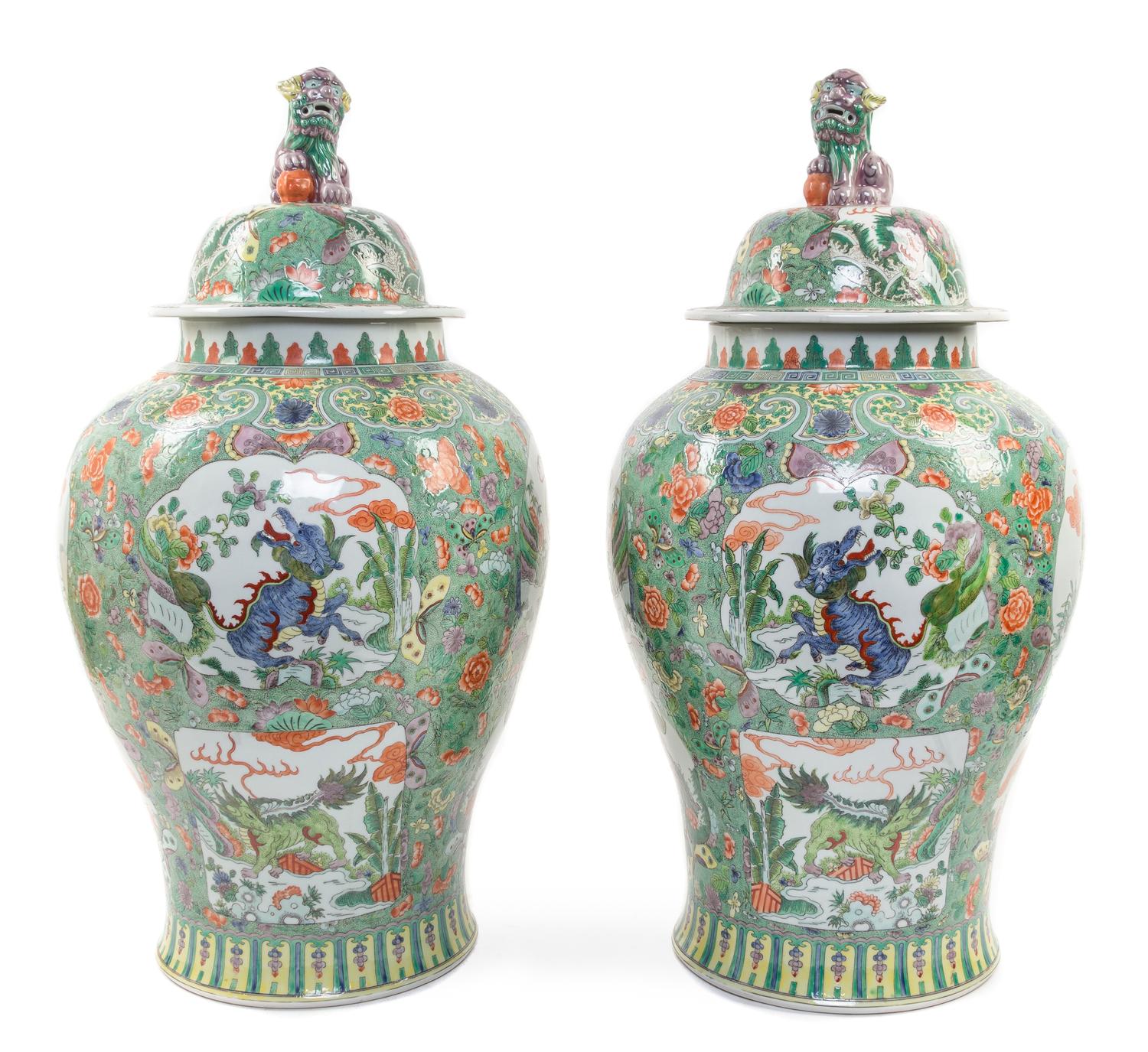 A Large Pair of Chinese Export Famille Verte Porcelain Baluster Jars and Covers Height 31 1/2 inches. — 20TH CENTURY