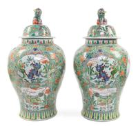 A Large Pair of Chinese Export Famille Verte Porcelain Baluster Jars and Covers Height 31 1/2 inches. — 20TH CENTURY