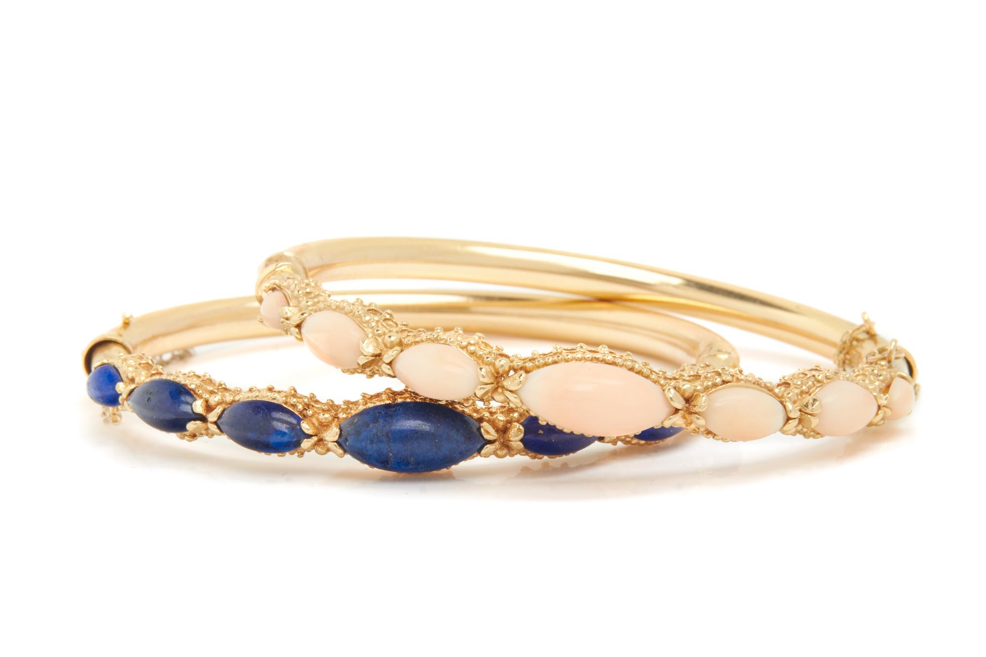PAIR OF YELLOW GOLD AND GEMSTONE BANGLE BRACELETS